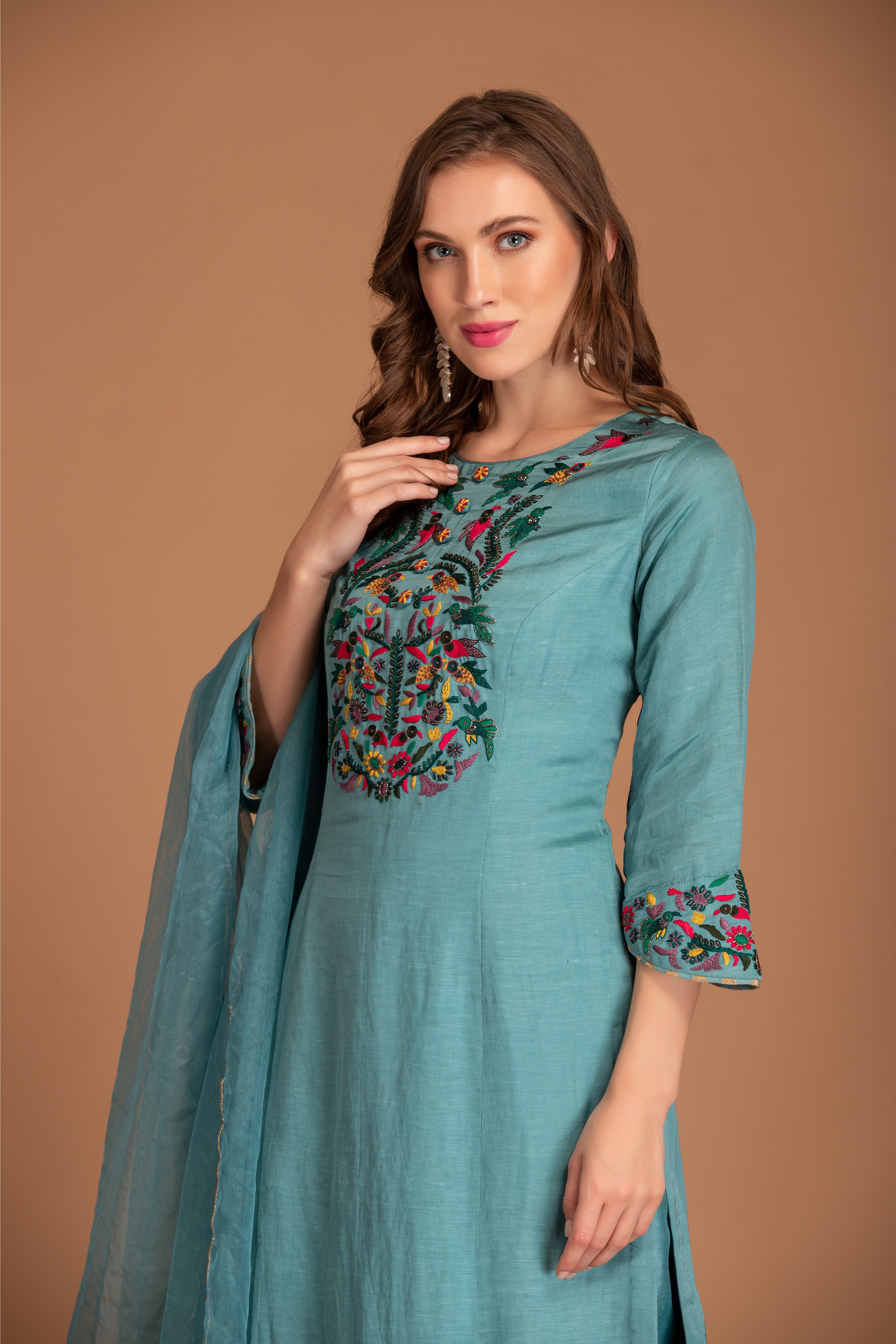 Mineral Blue Embroidered Silk Linen Kurta Pant Set