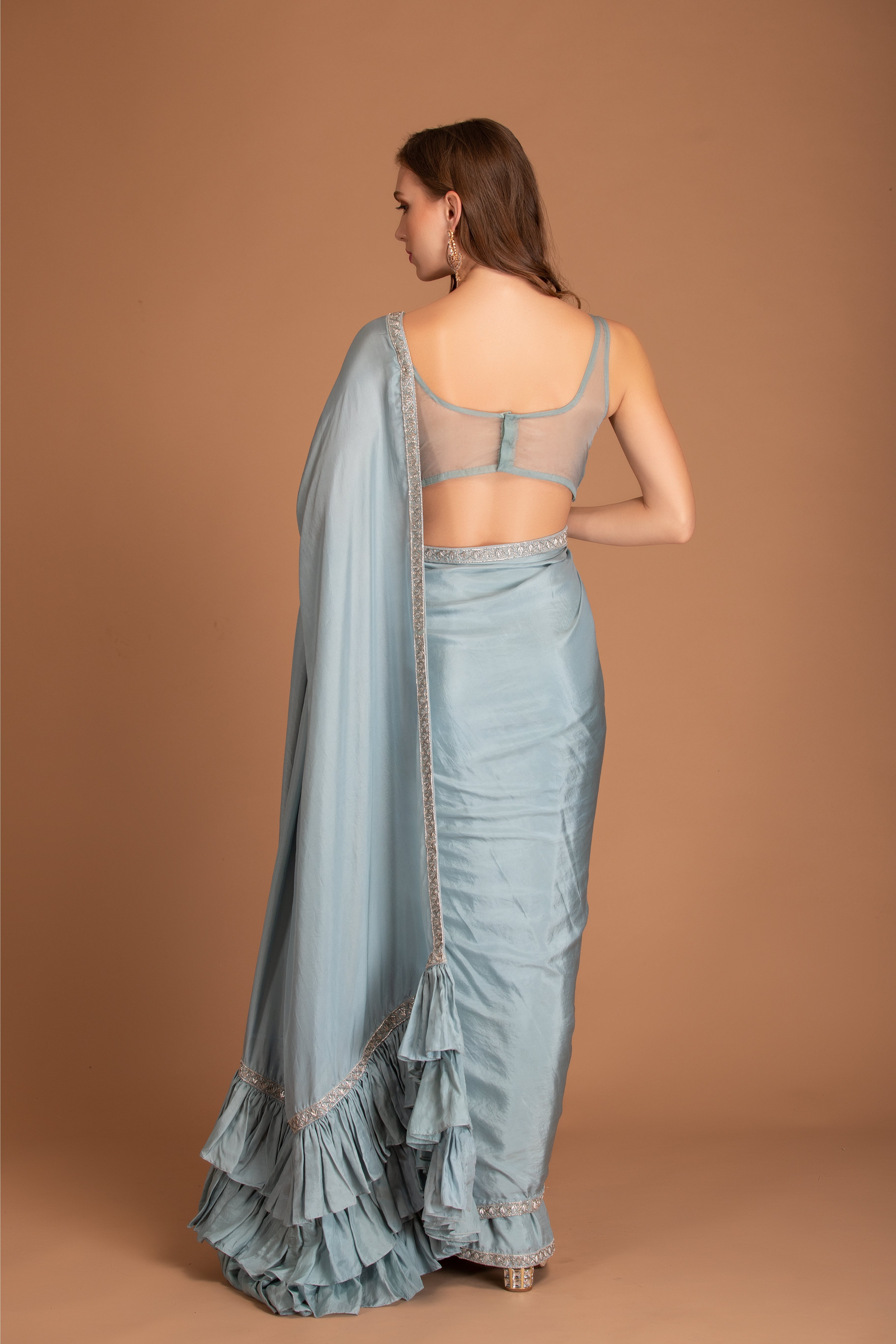 Ice Blue Hand Embroidered Ruffled Saree set