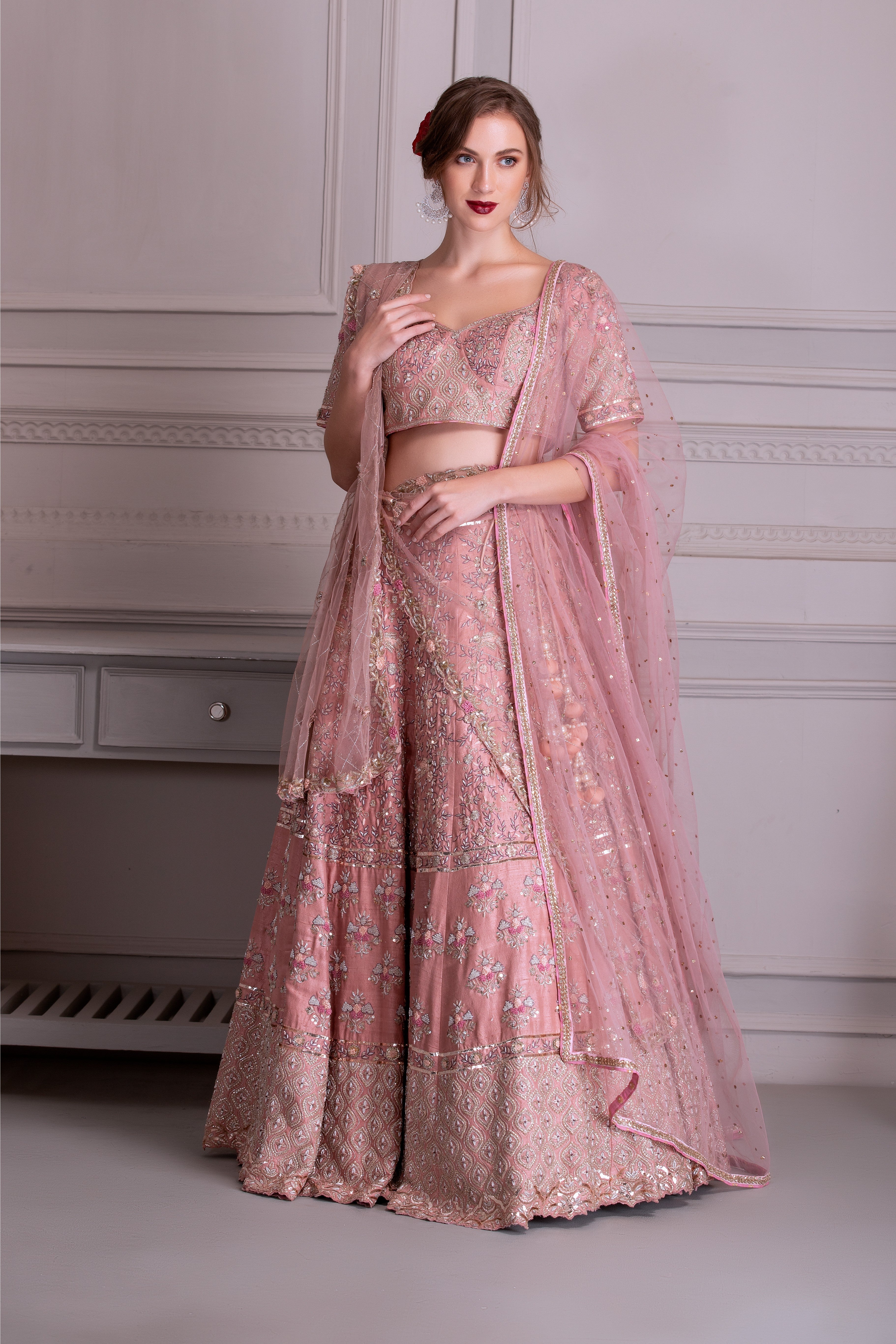 Rose Pink Hand Embroidered Bridal Lehenga Set
