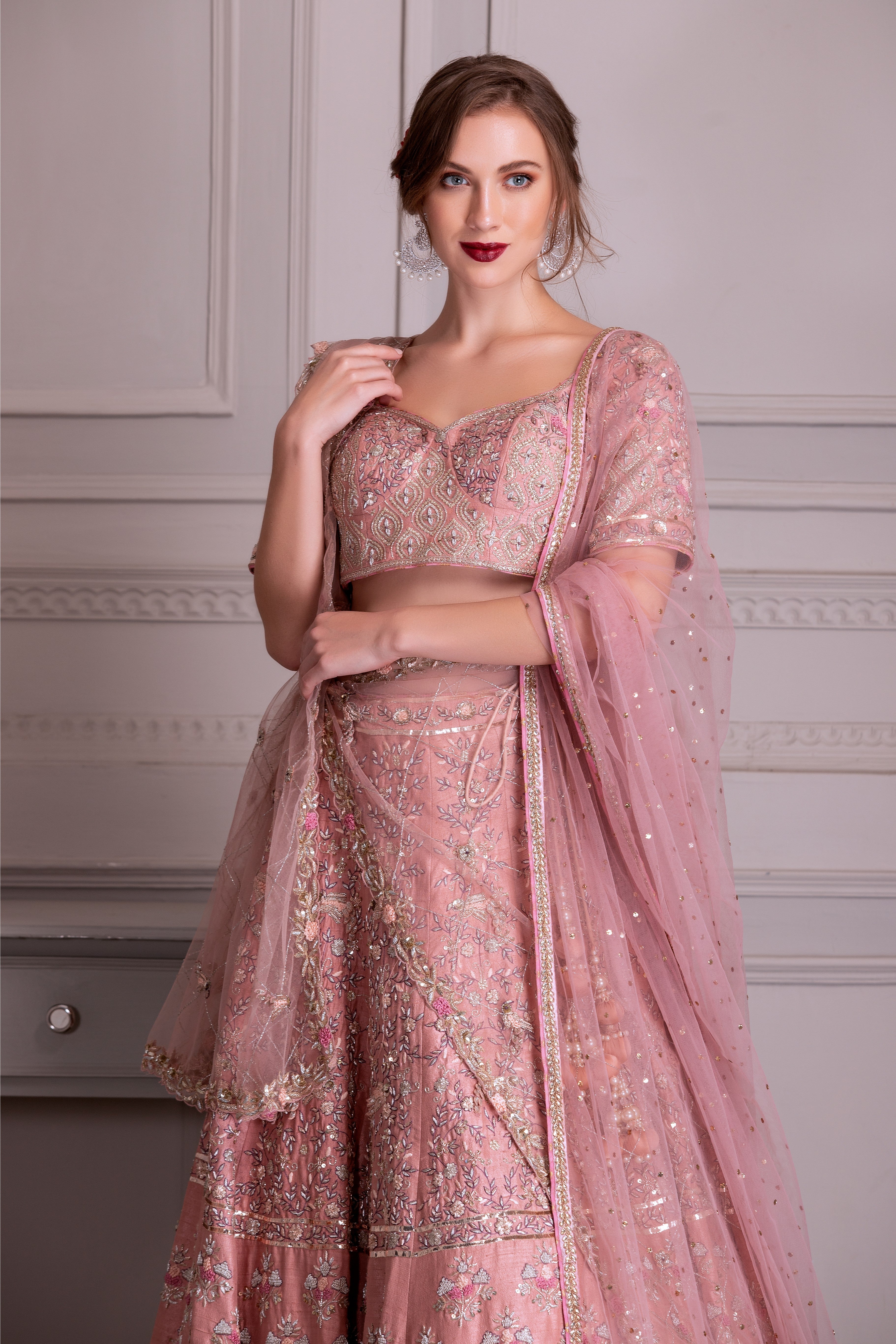 Rose Pink Hand Embroidered Bridal Lehenga Set