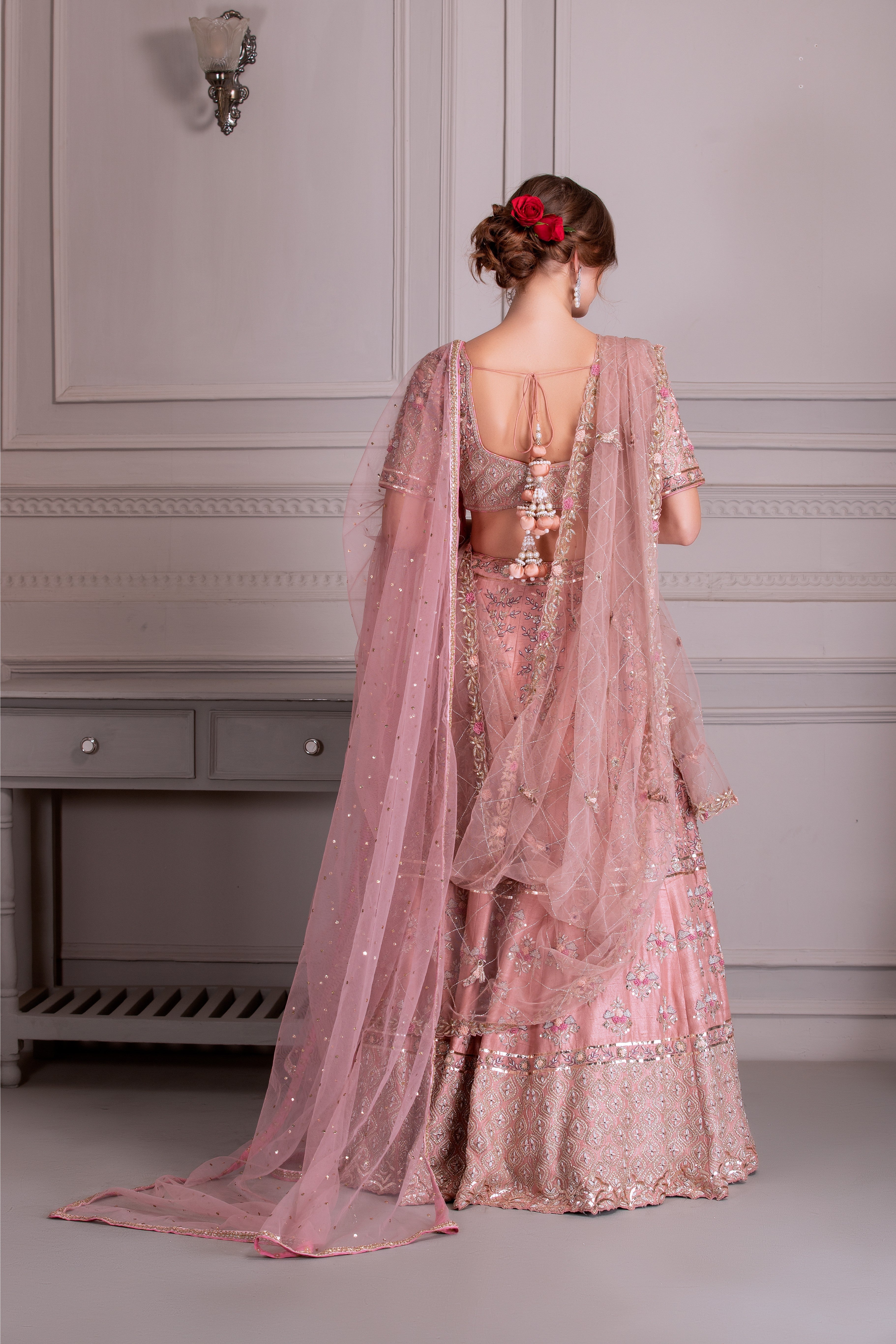 Rose Pink Hand Embroidered Bridal Lehenga Set