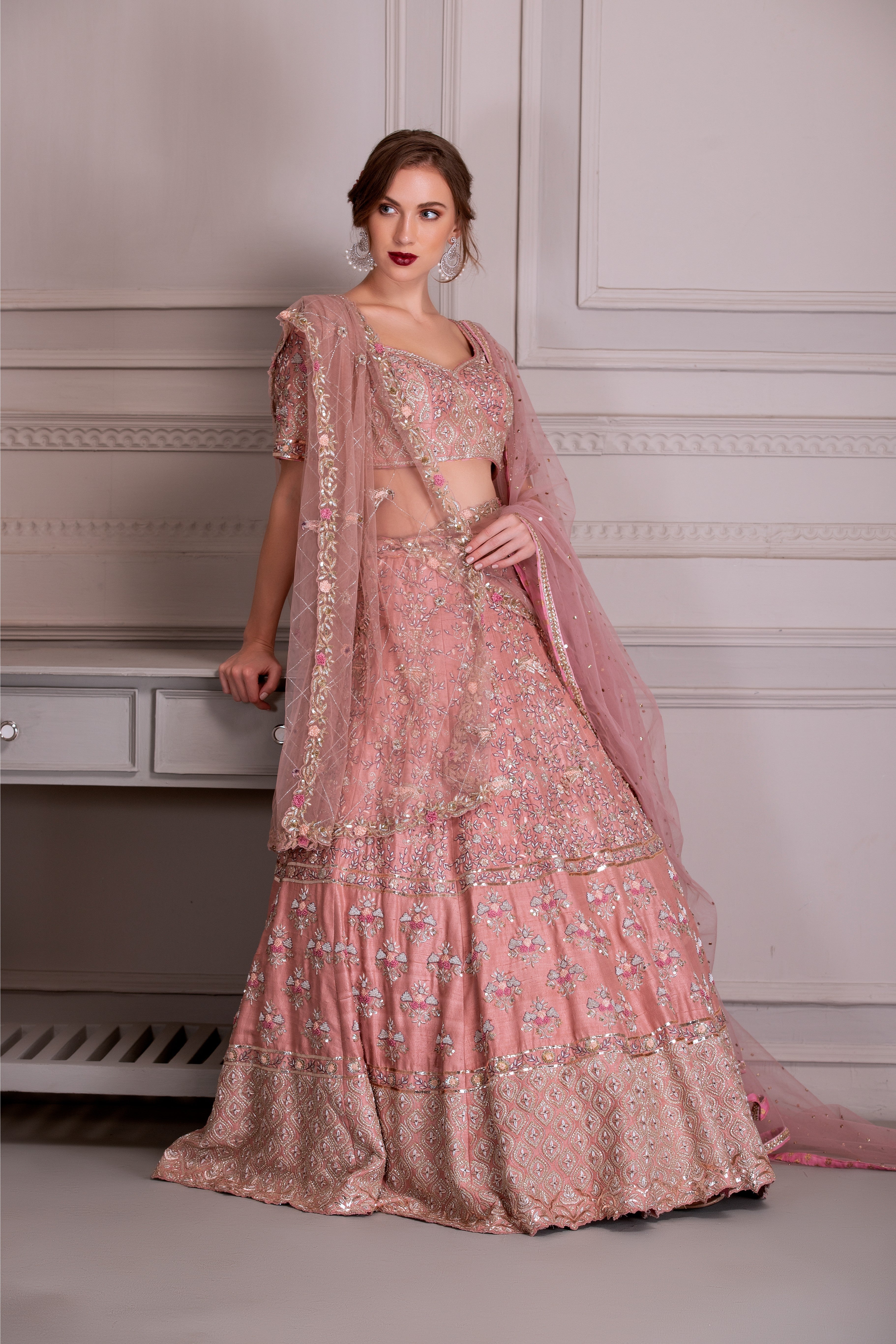 Rose Pink Hand Embroidered Bridal Lehenga Set
