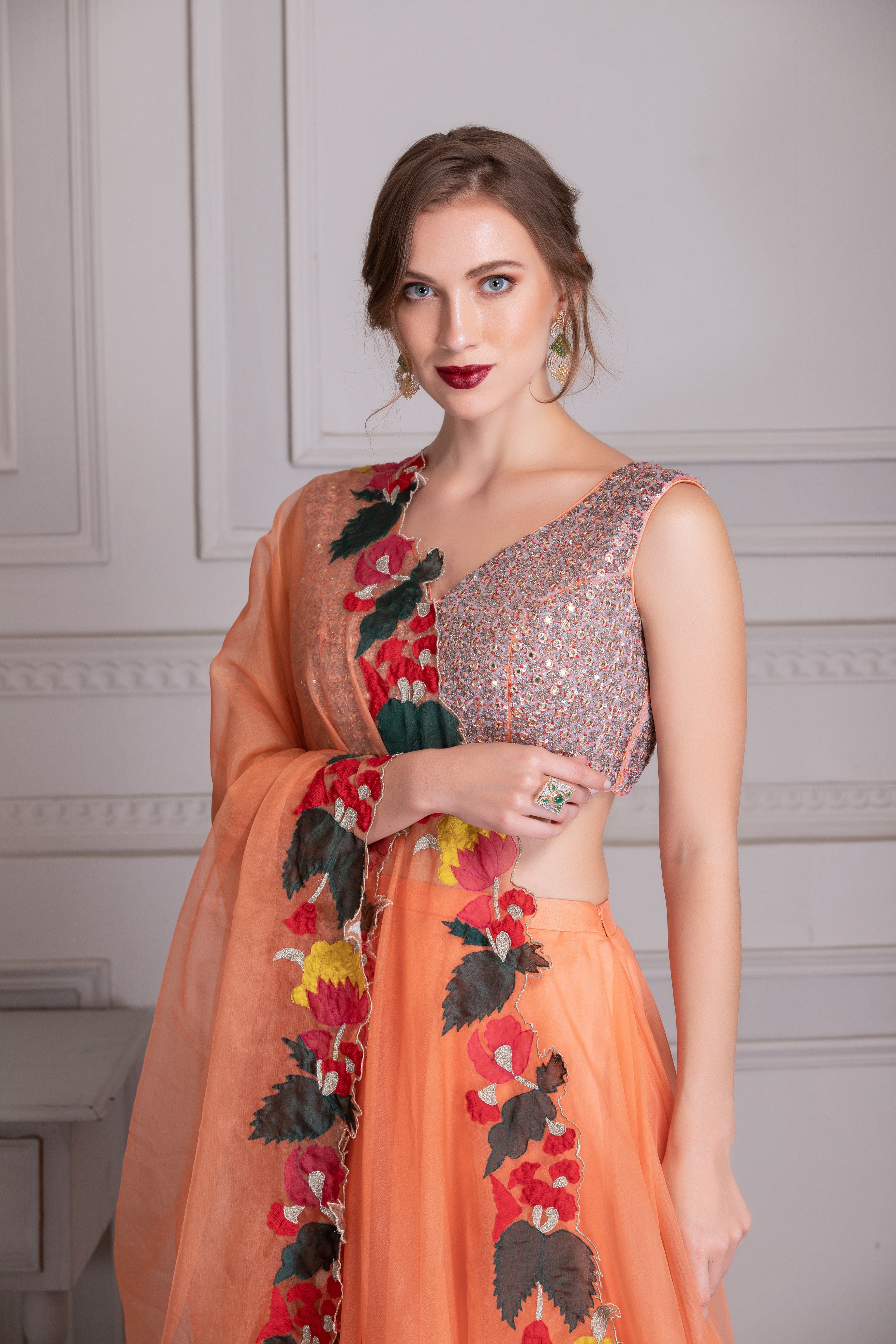 Tropical Orange Organza Lehenga Set