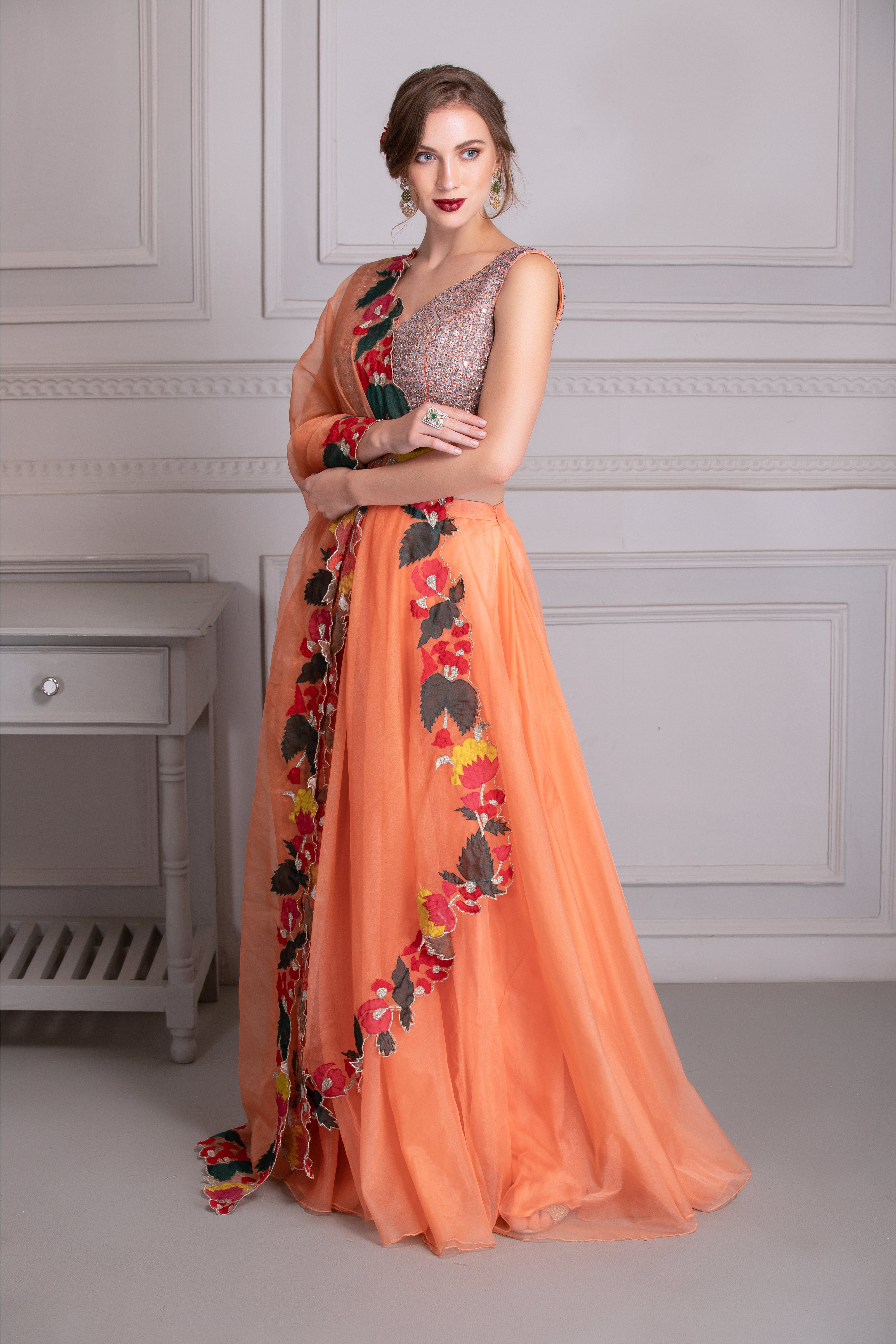 Tropical Orange Organza Lehenga Set