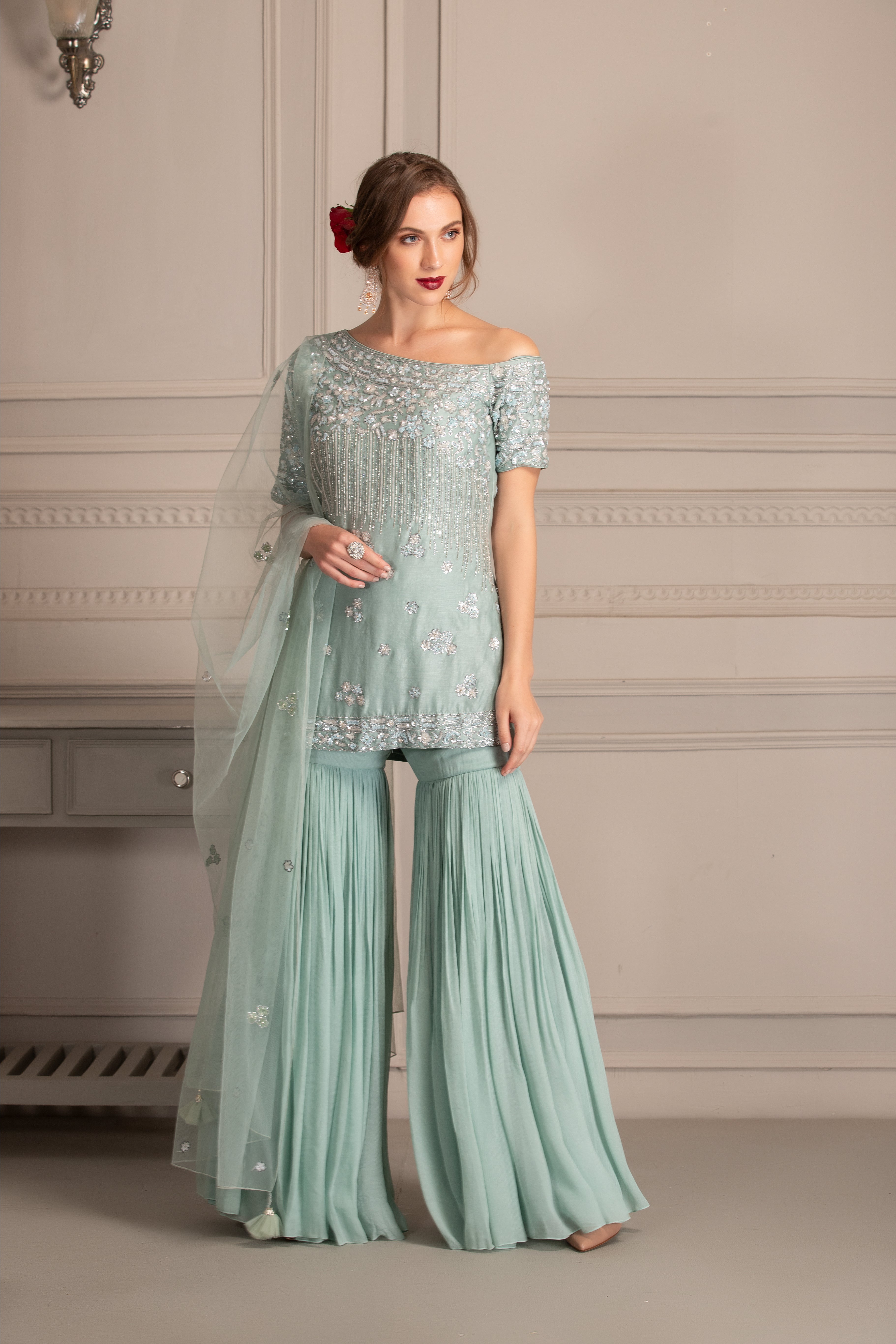 Ice Blue Embroidered Chanderi Silk Sharara Set