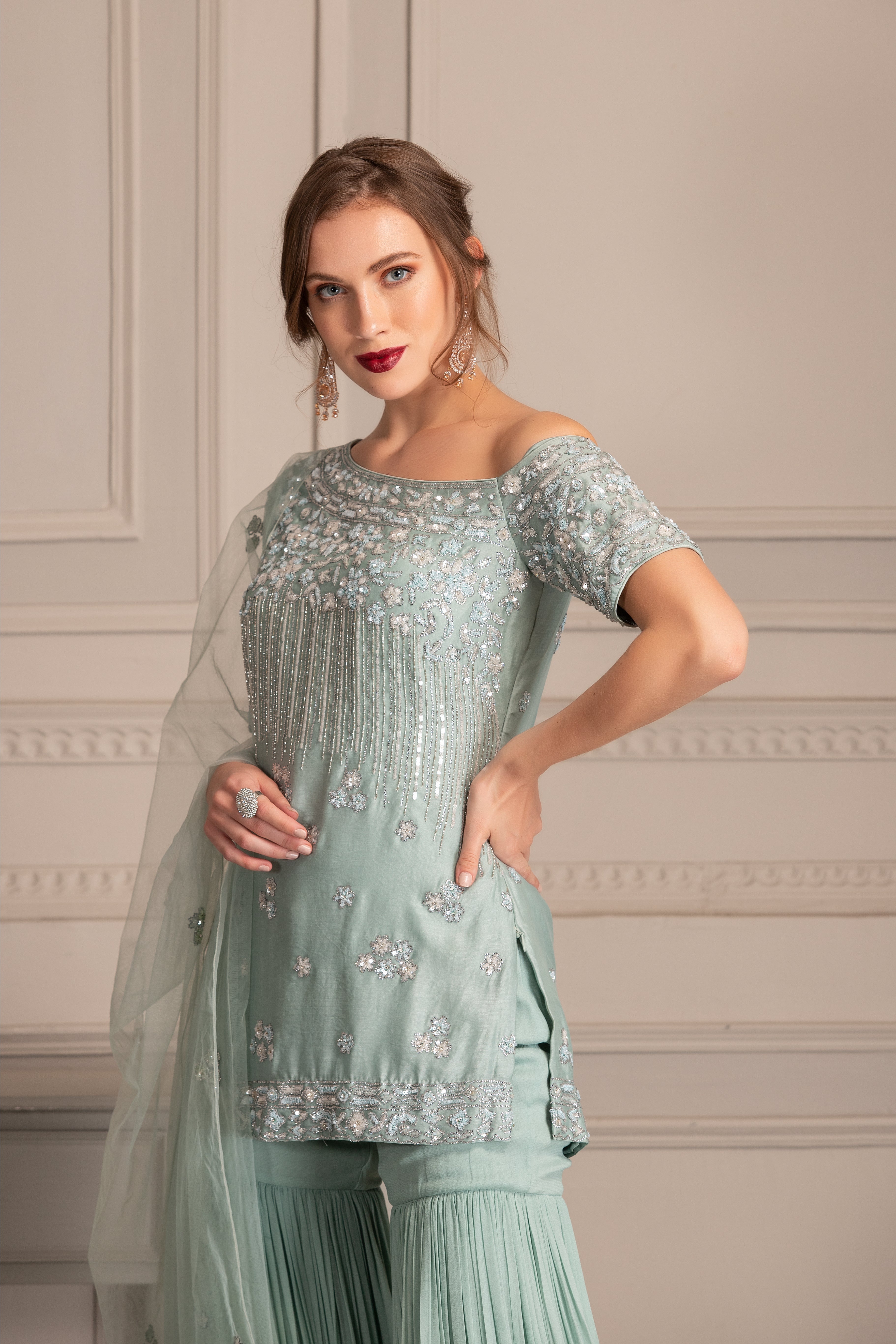 Ice Blue Embroidered Chanderi Silk Sharara Set