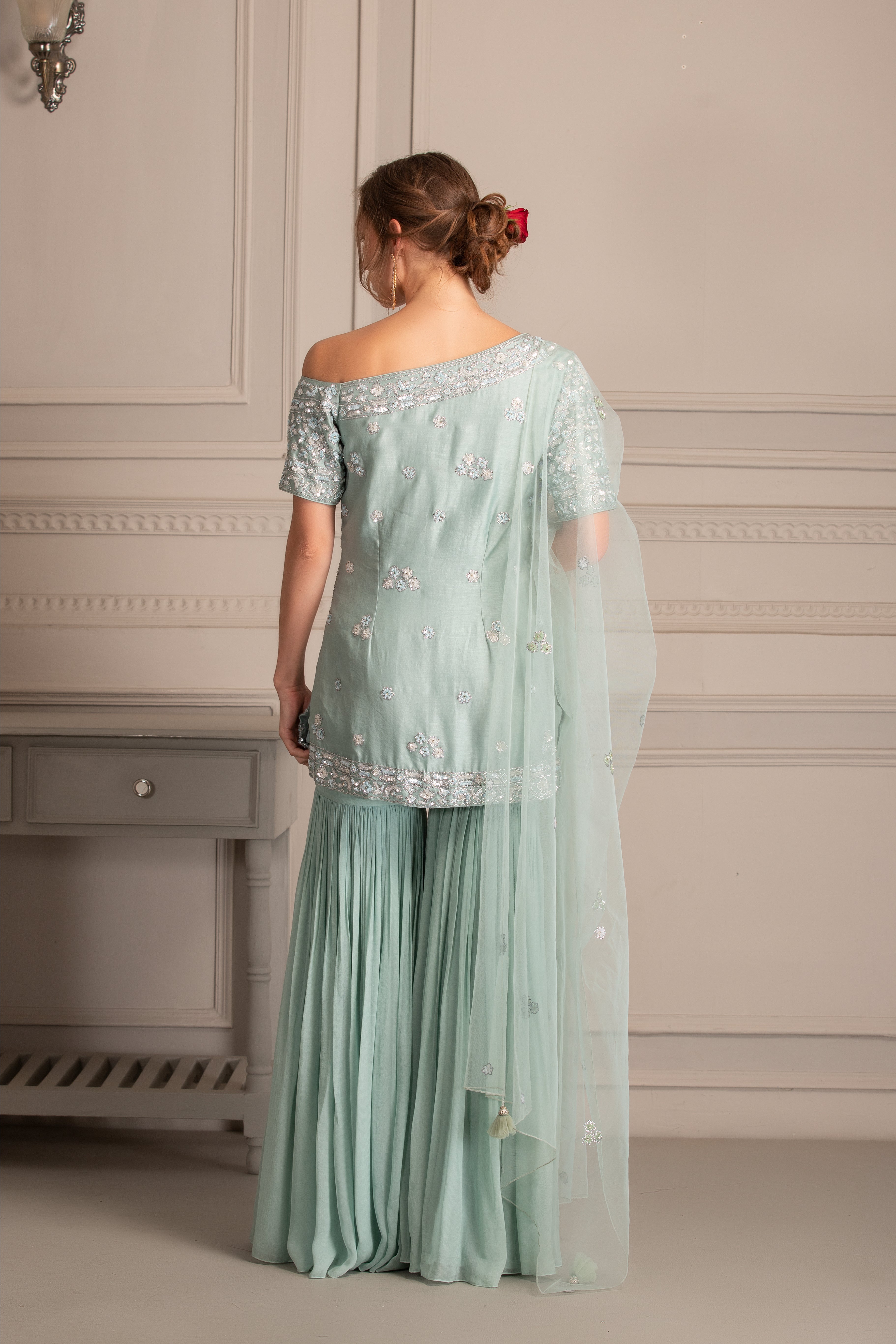 Ice Blue Embroidered Chanderi Silk Sharara Set