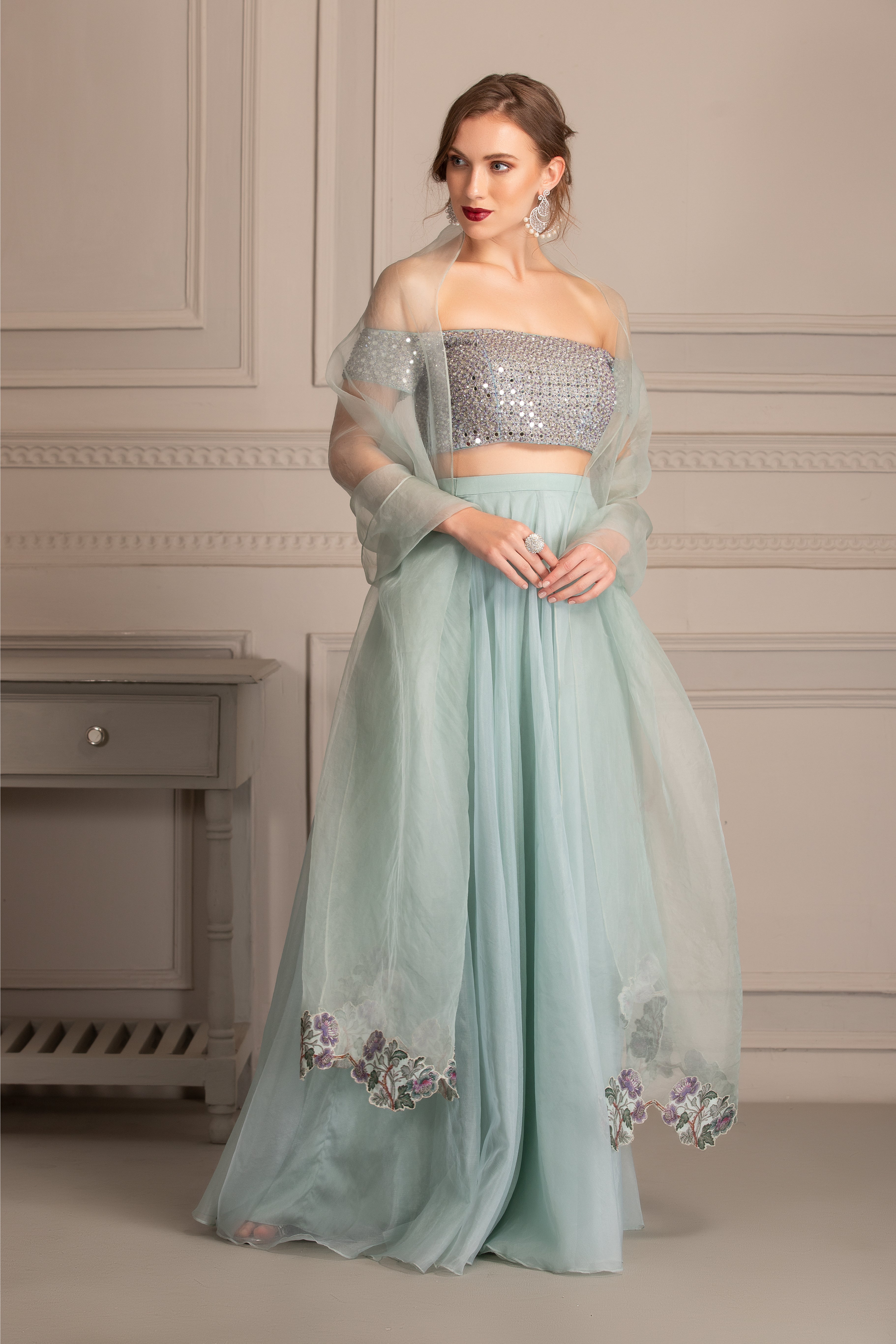 Ice Blue Organza Lehenga Set