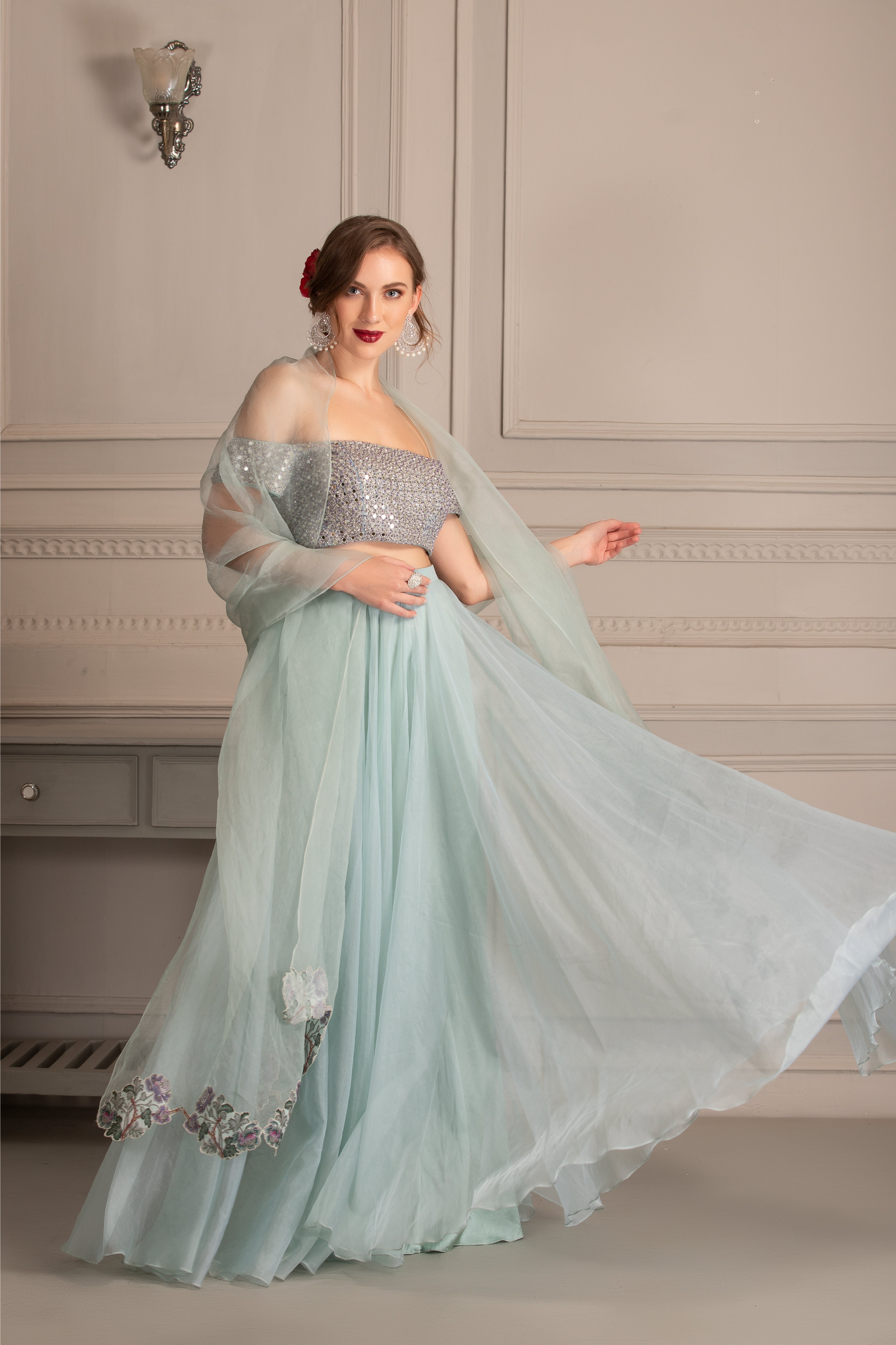 Ice Blue Organza Lehenga Set