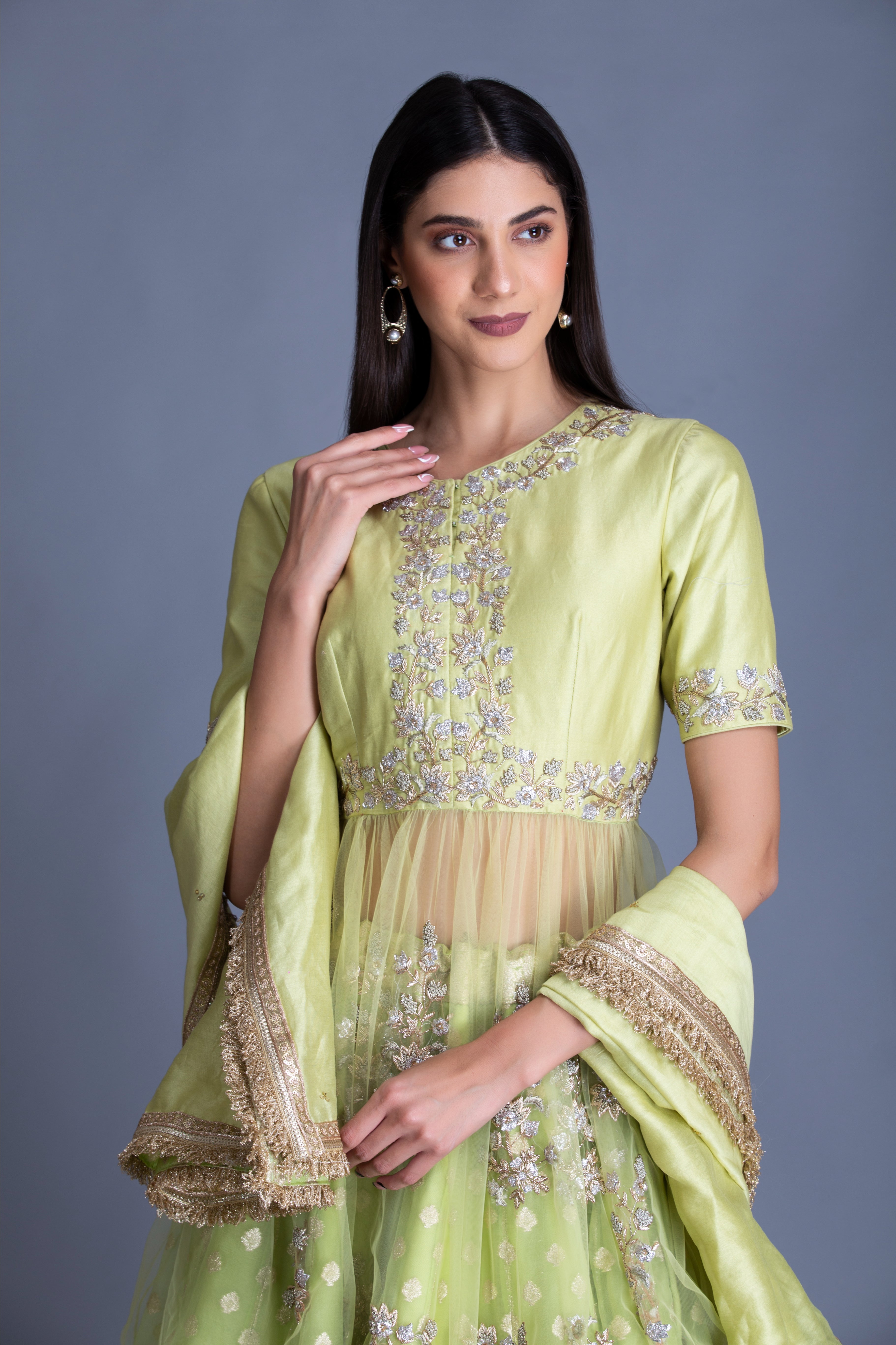 Lime Green Dabka Embroidered Banarasi Lehenga Set