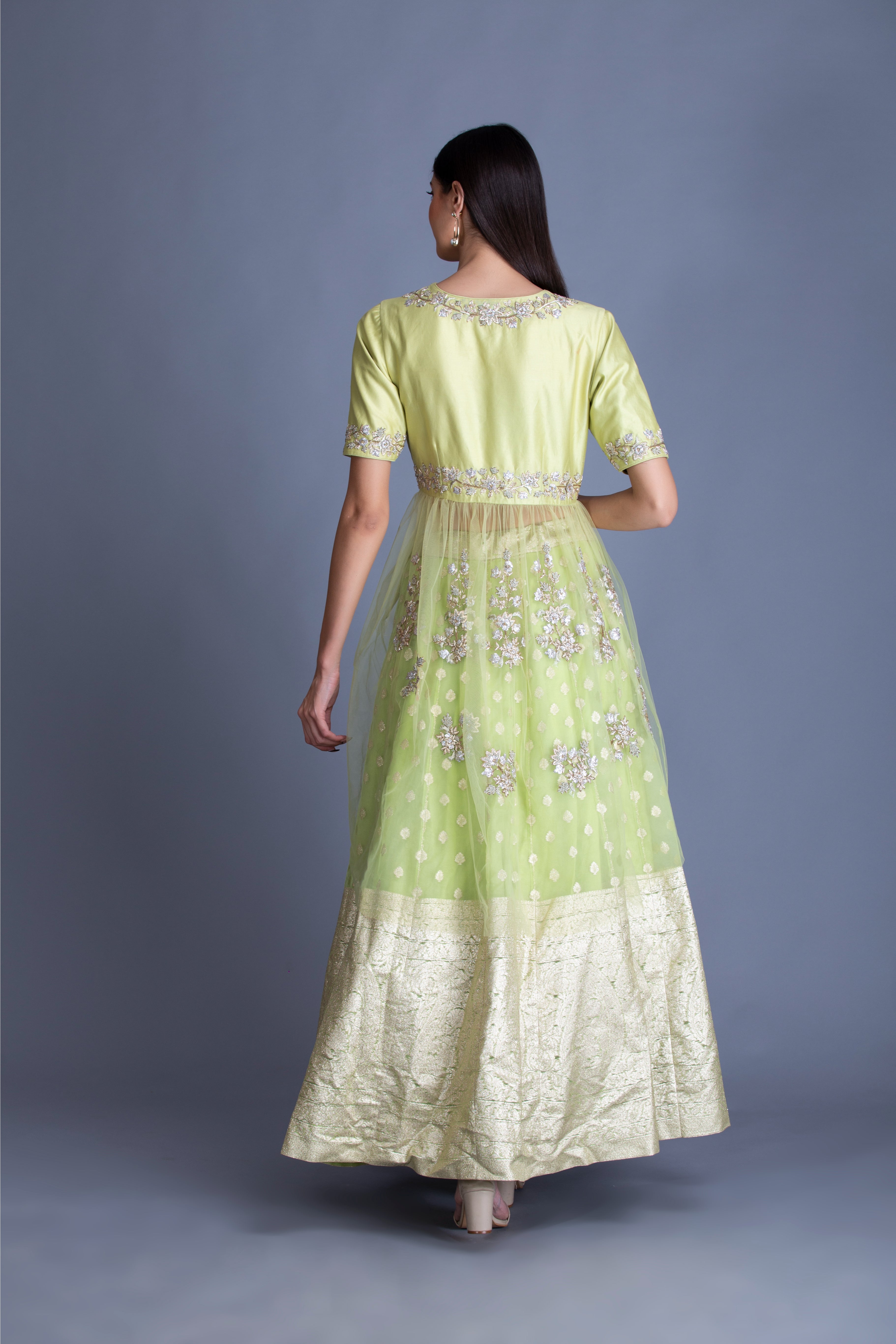 Lime Green Dabka Embroidered Banarasi Lehenga Set