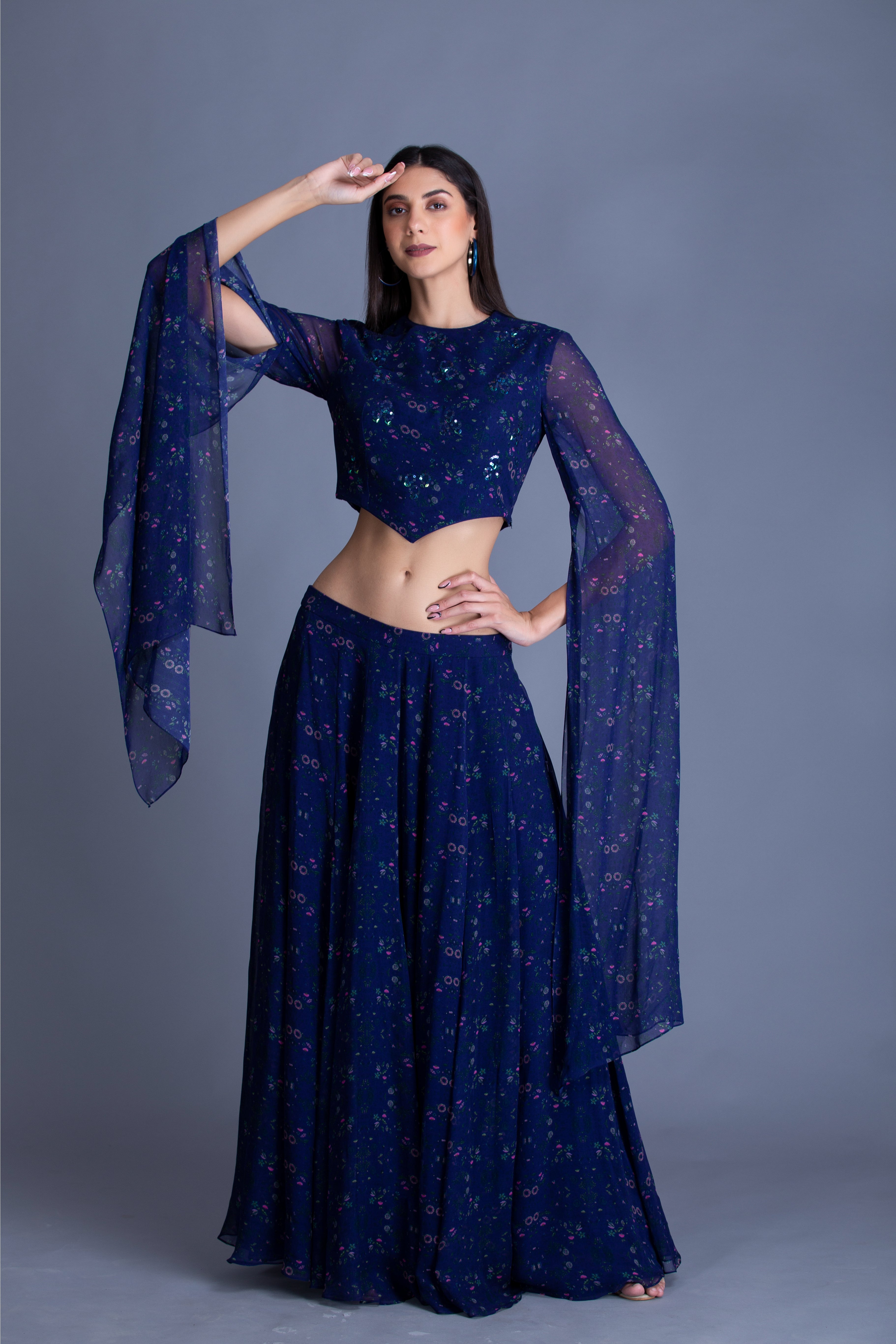 Navy Blue Embroidered Skirt Set