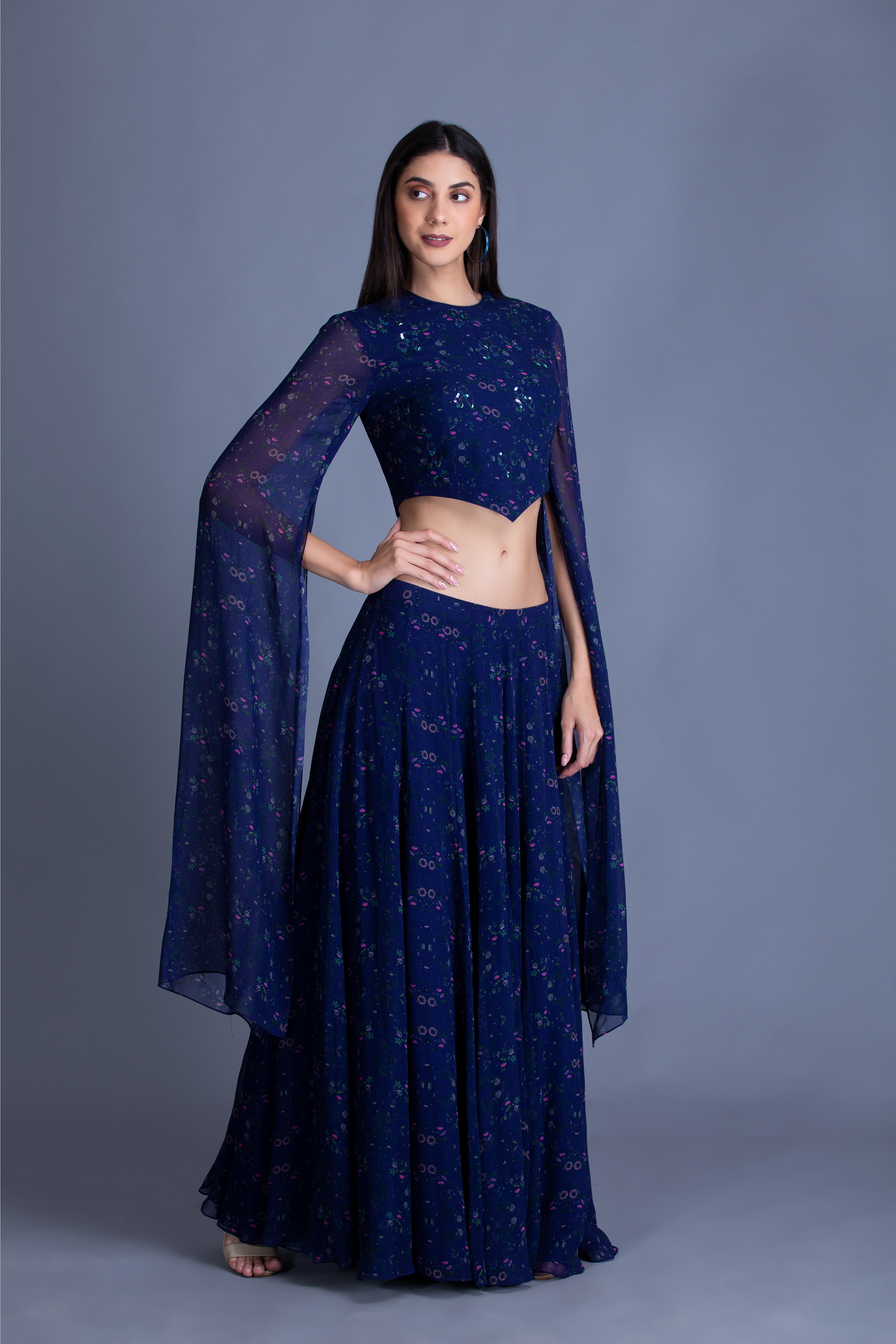 Navy Blue Embroidered Skirt Set