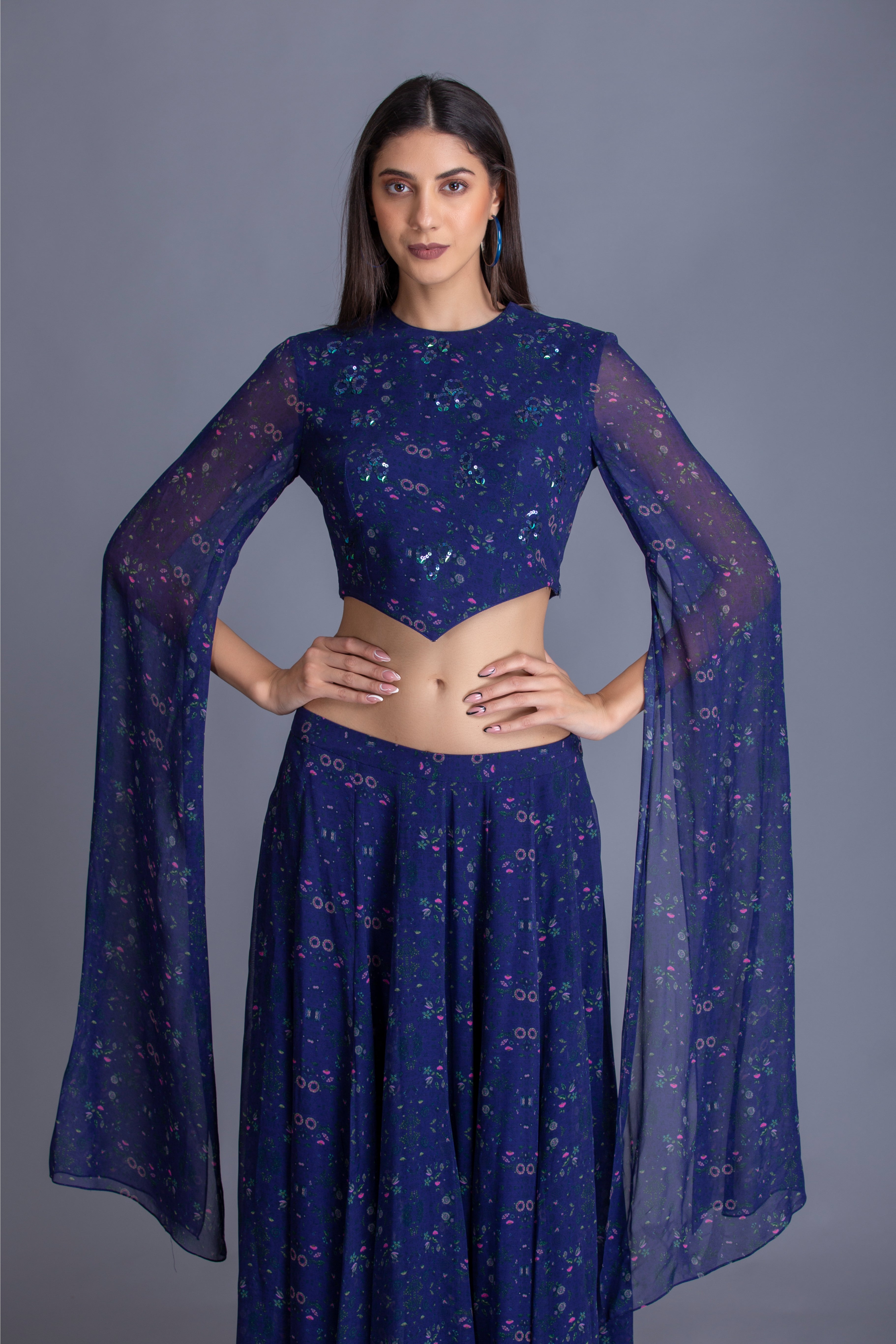 Navy Blue Embroidered Skirt Set