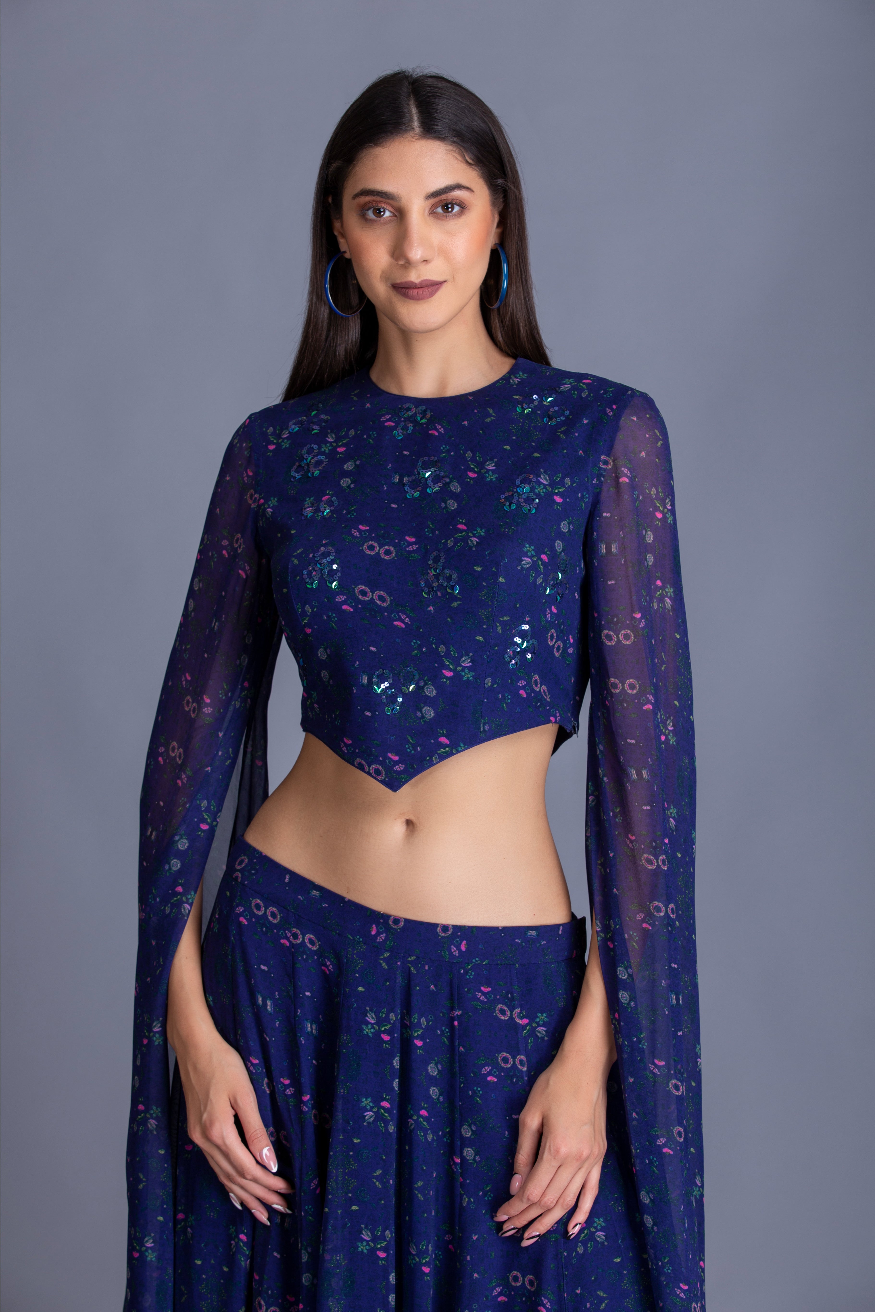 Navy Blue Embroidered Skirt Set