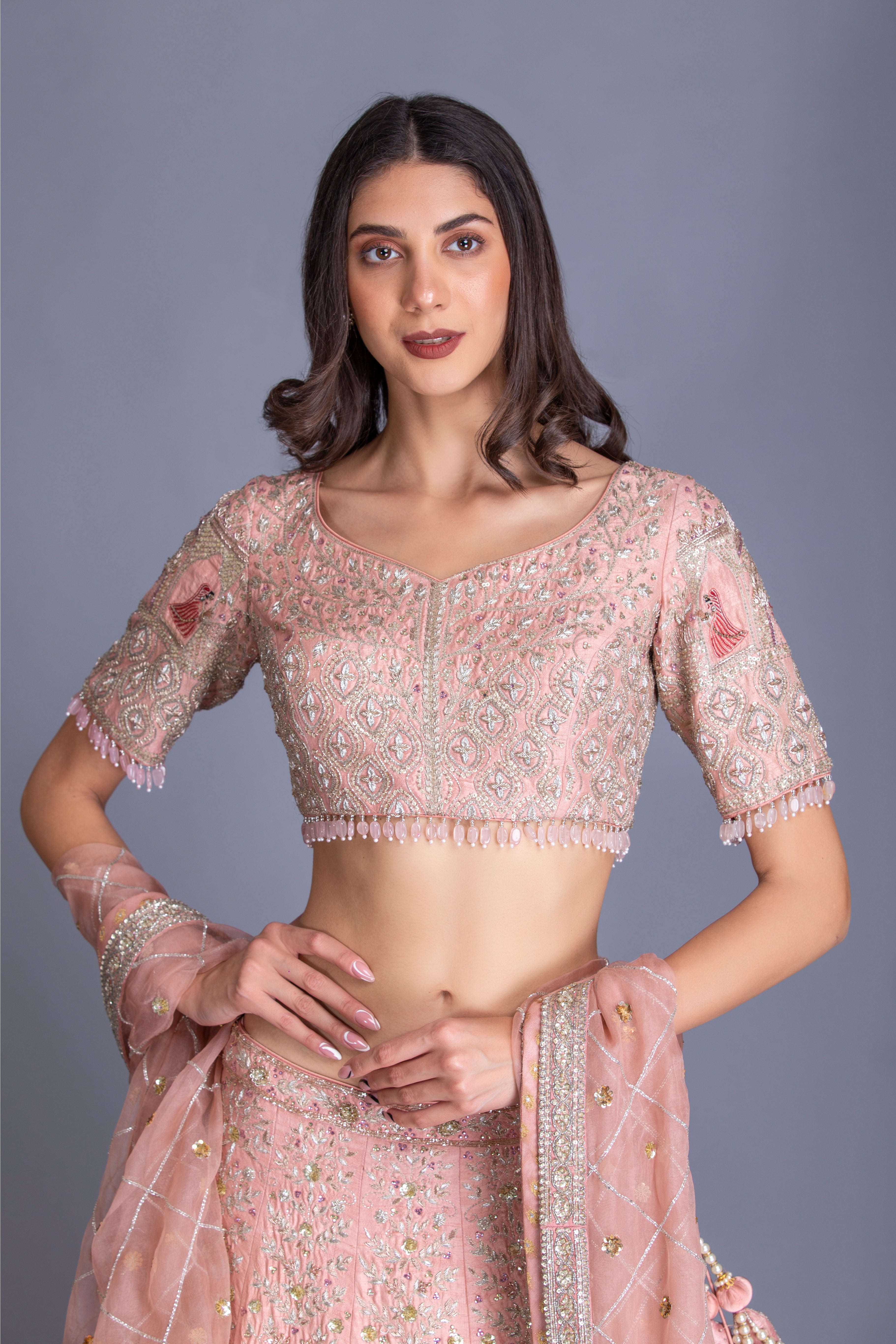 Rose Pink Embroidered Kalidar Bridal Lehenga Set