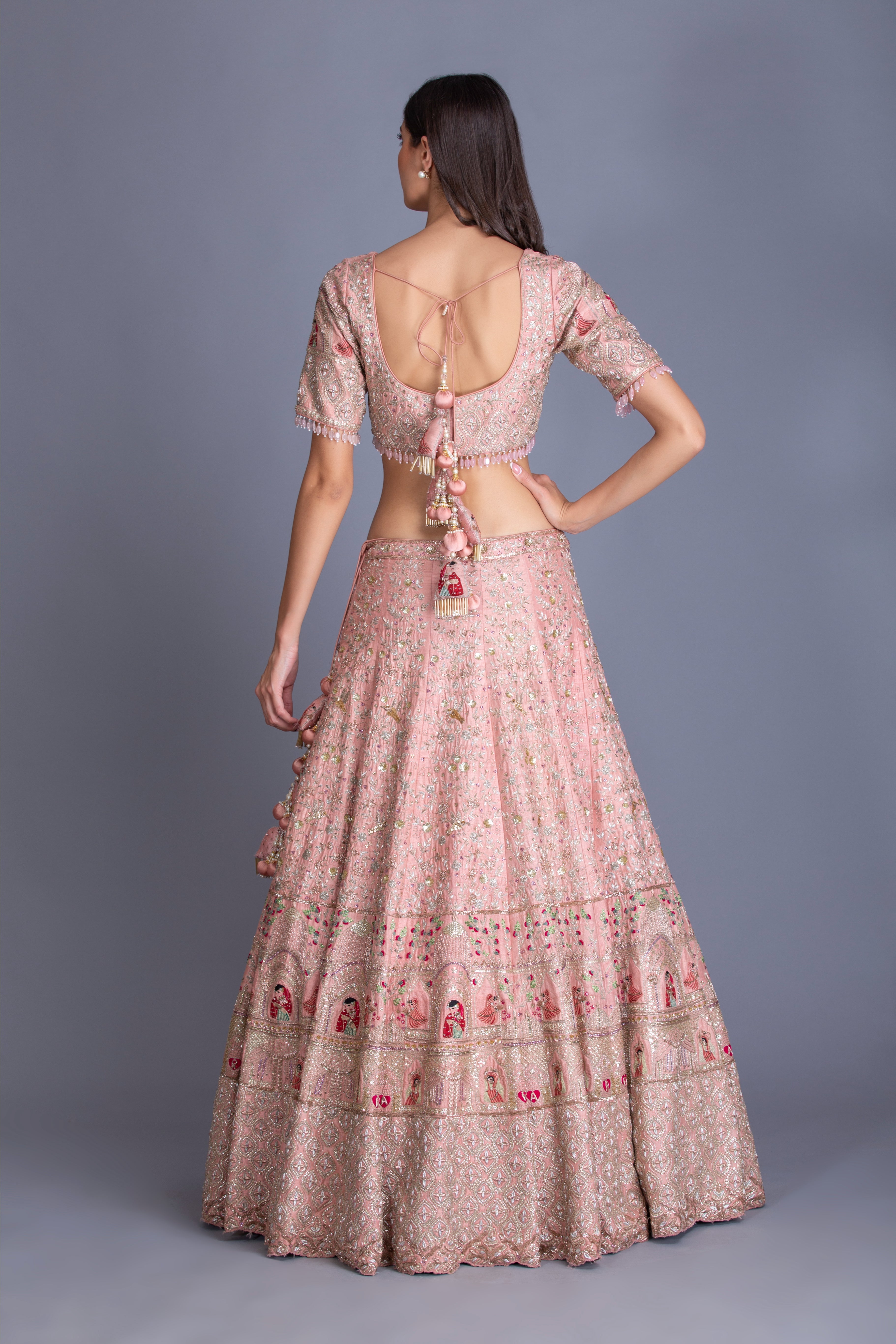 Rose Pink Embroidered Kalidar Bridal Lehenga Set