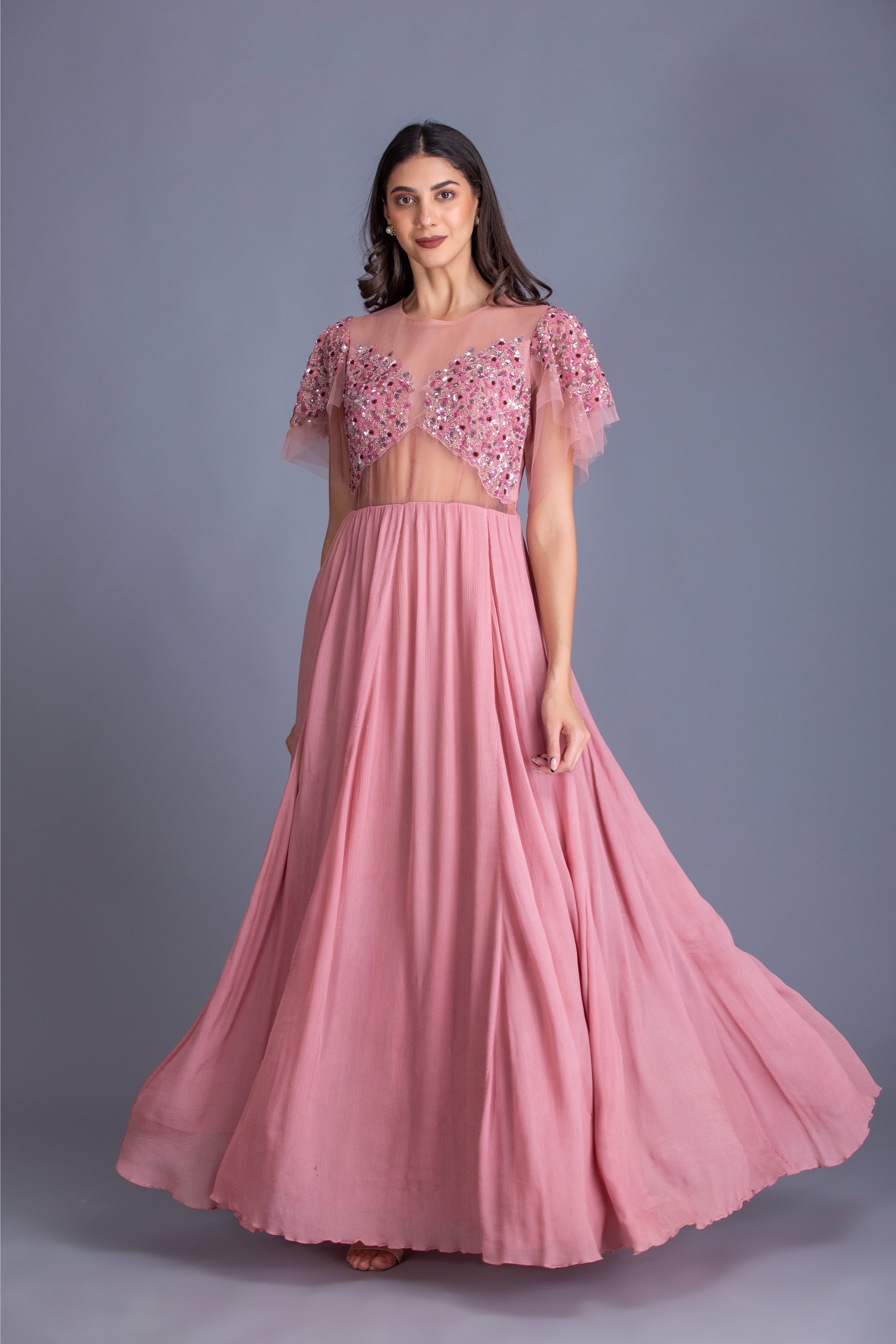 Rose Pink Sequins Embroidered Gown