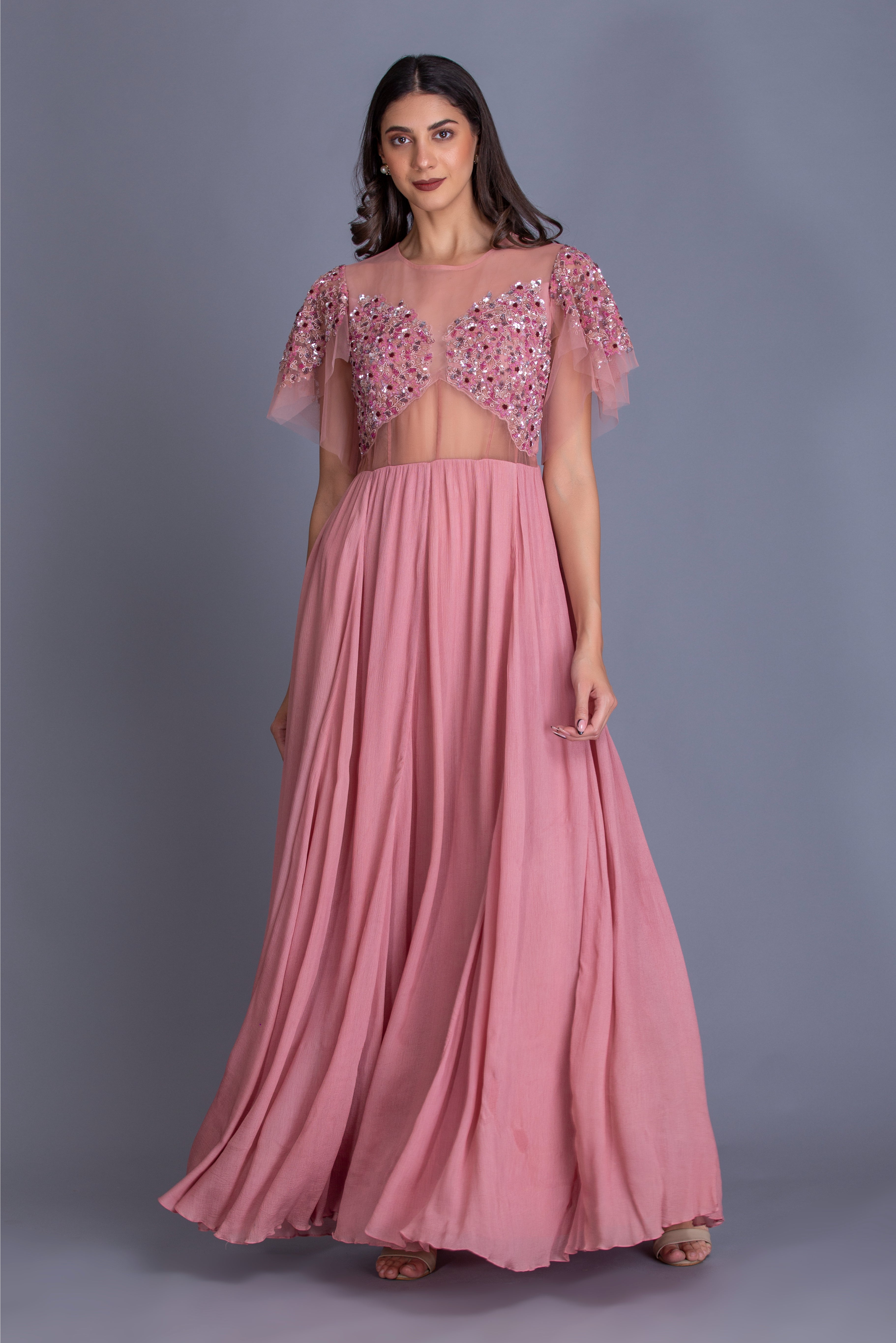 Rose Pink Sequins Embroidered Gown
