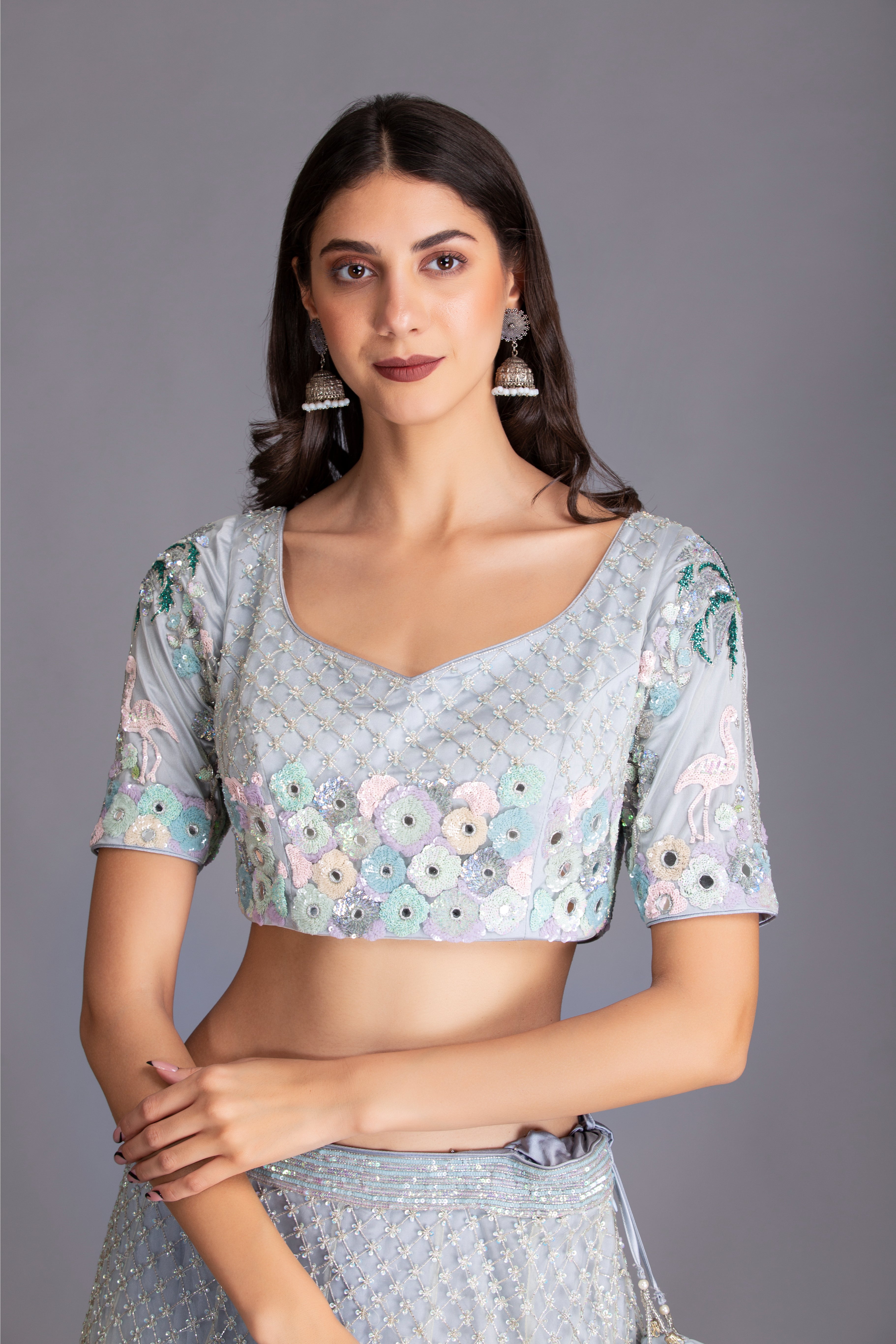 Powder Blue Hand Embroidered Kalidar Lehenga Set