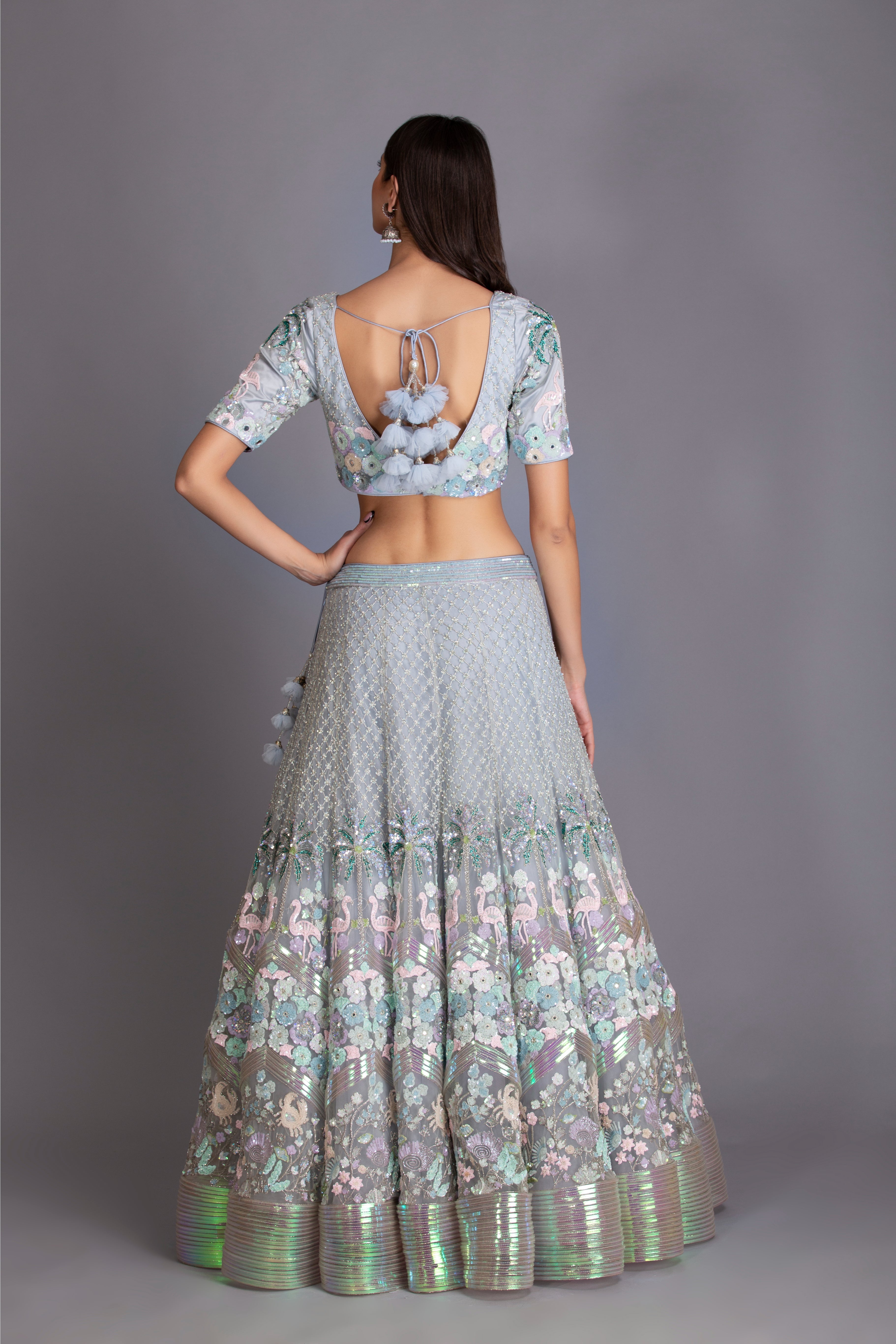 Powder Blue Hand Embroidered Kalidar Lehenga Set