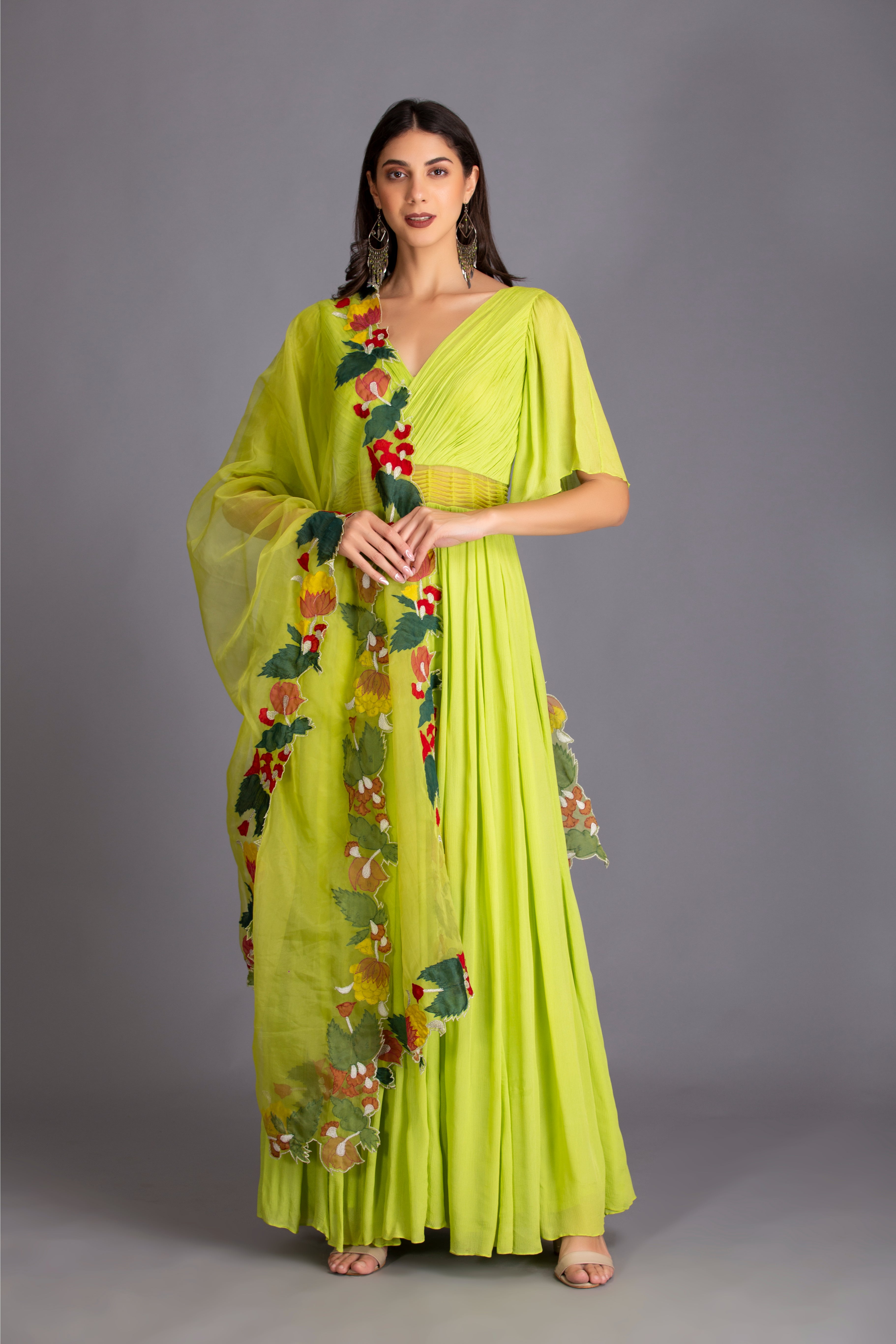 Neon Green Applique Work Embroidered Anarkali