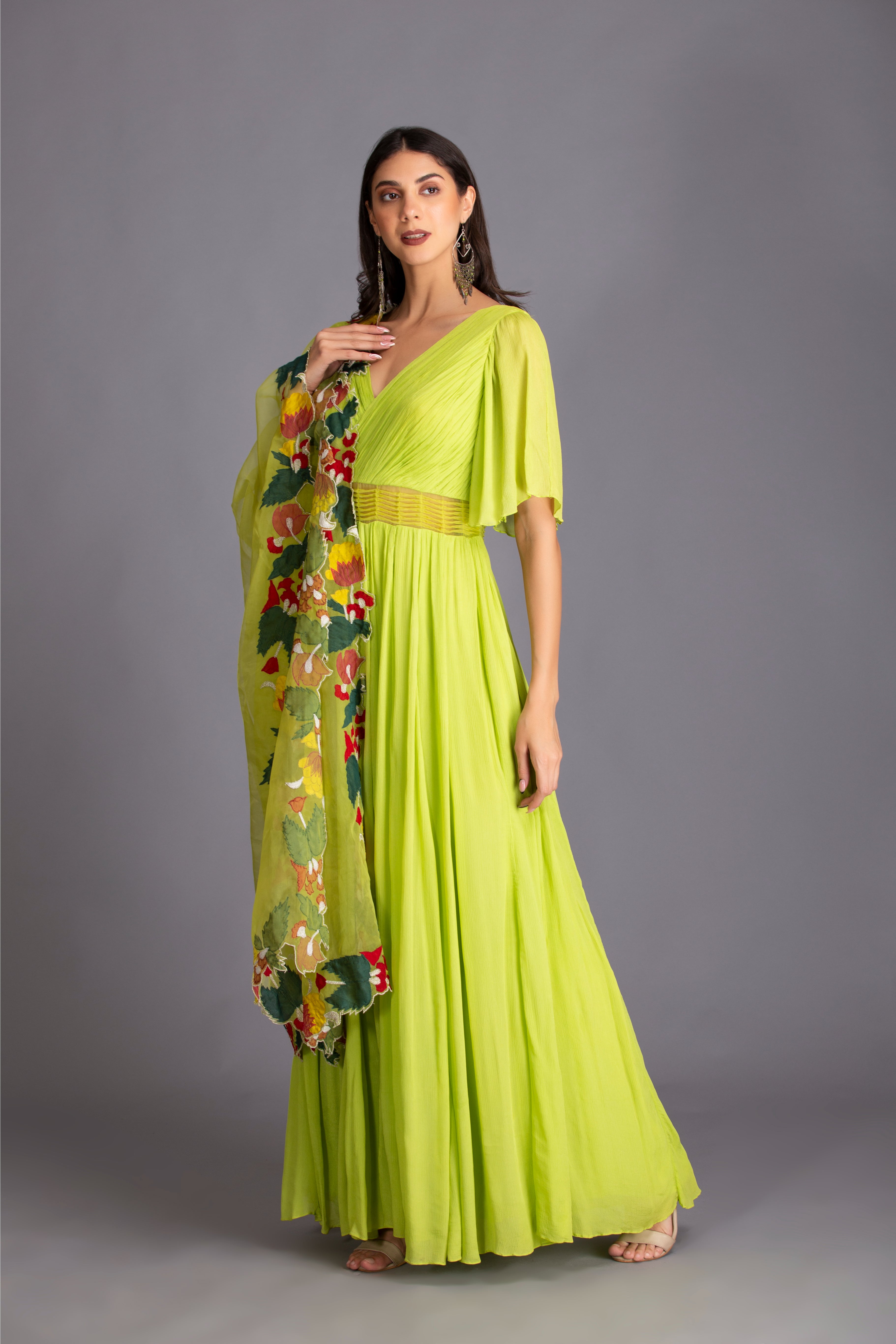 Neon Green Applique Work Embroidered Anarkali