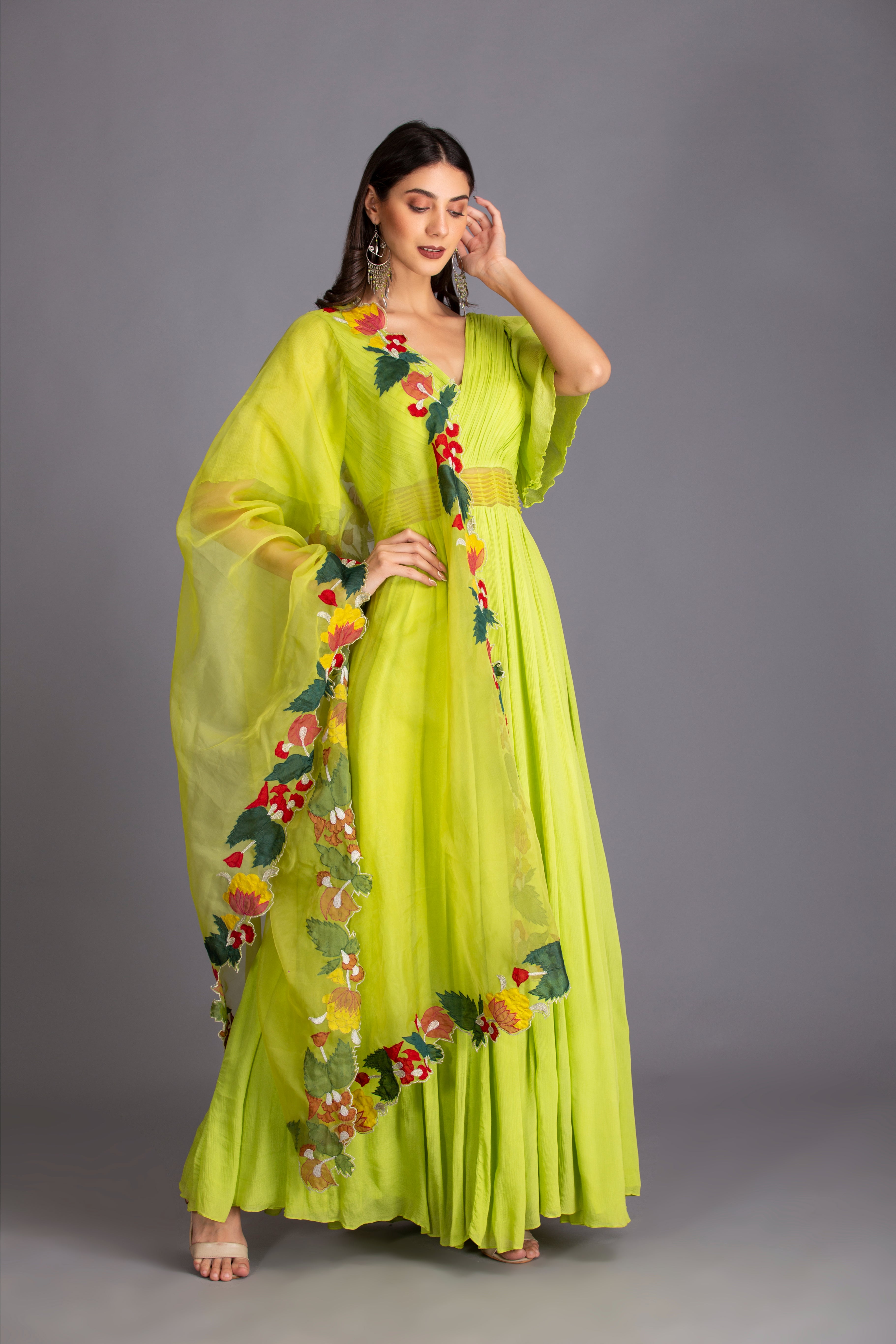 Neon Green Applique Work Embroidered Anarkali