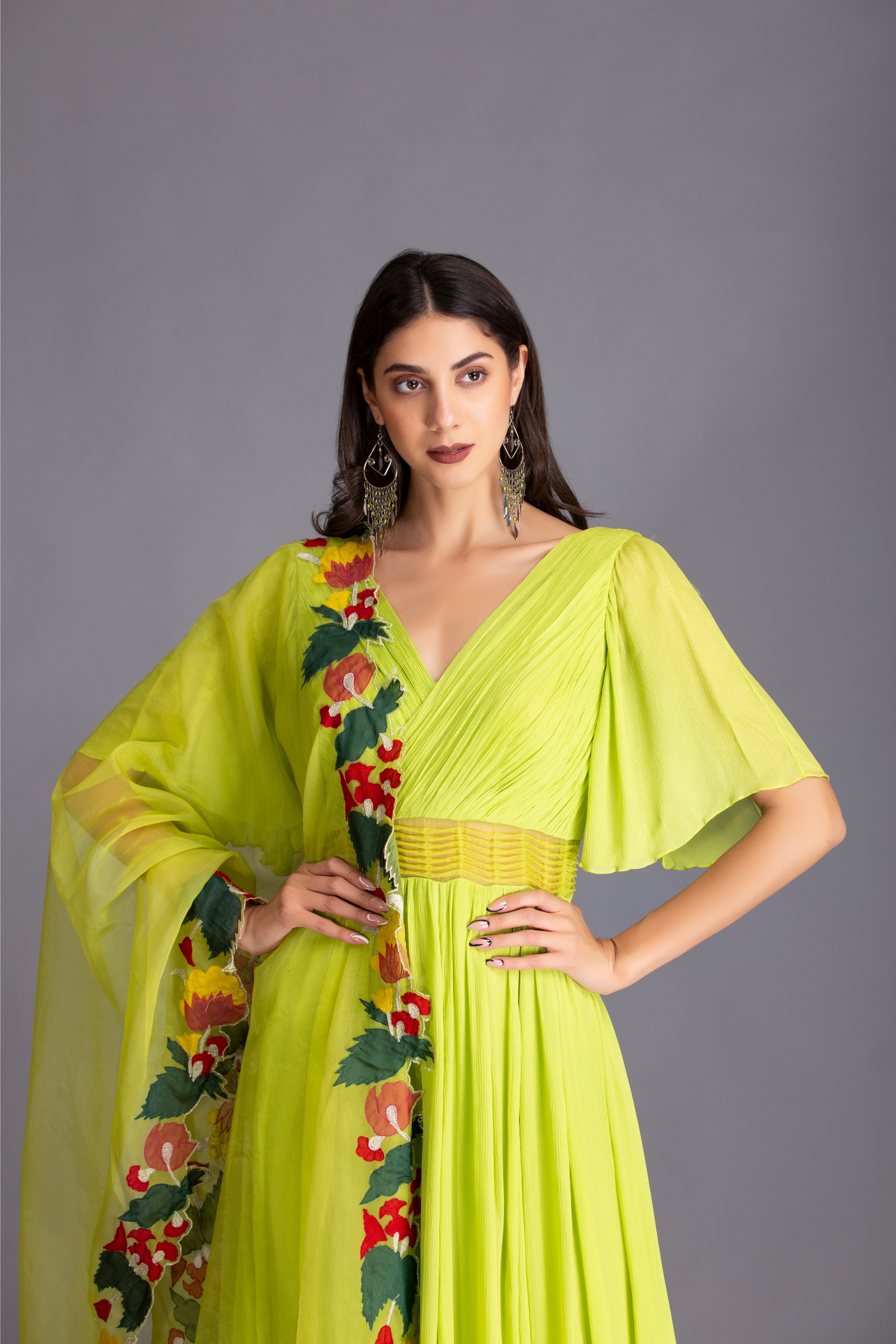 Neon Green Applique Work Embroidered Anarkali