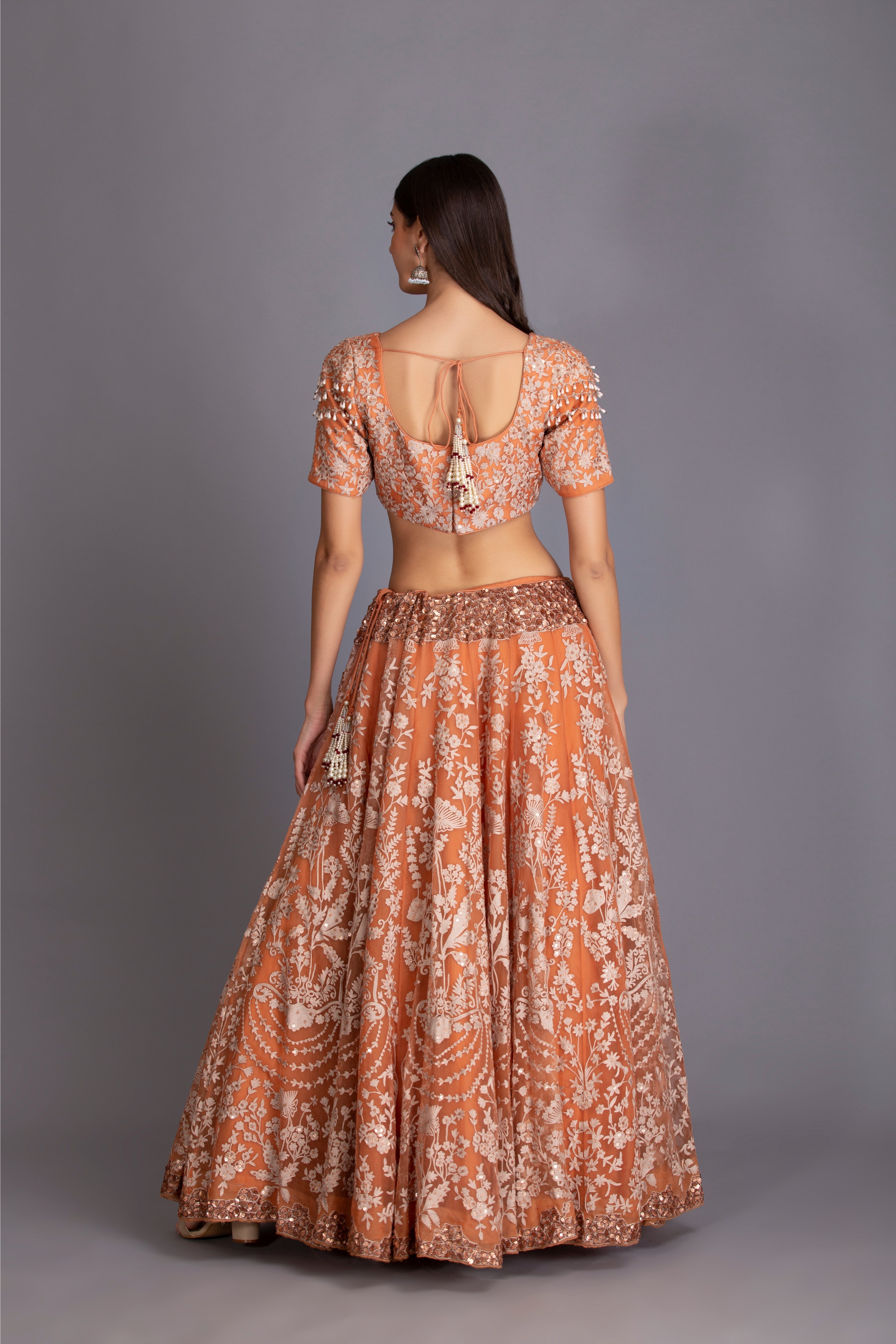 Rust Orange Hand Embroidered Kalidar Lehenga Set