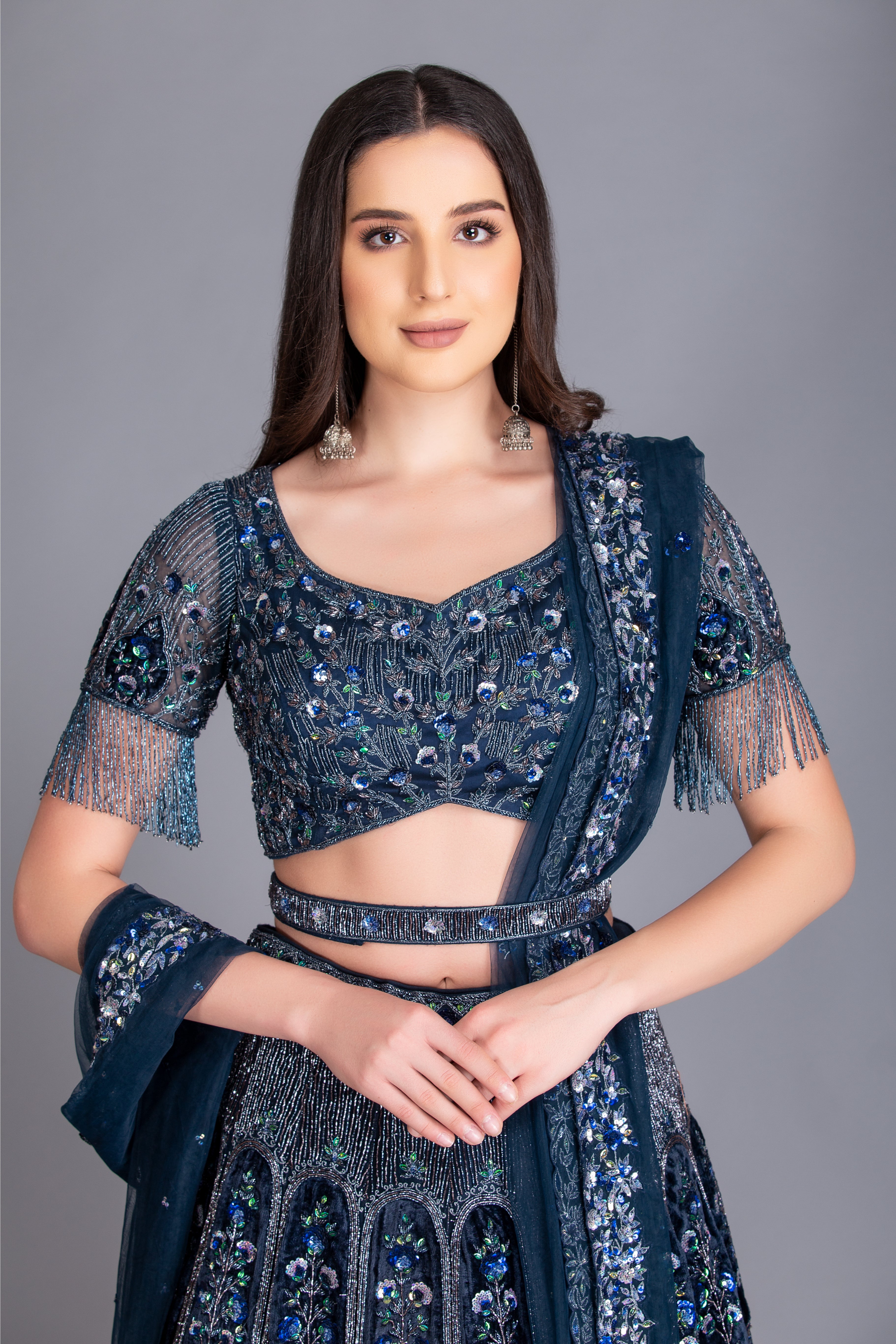 Midnight Blue Embroidered Kalidar Lehenga Set