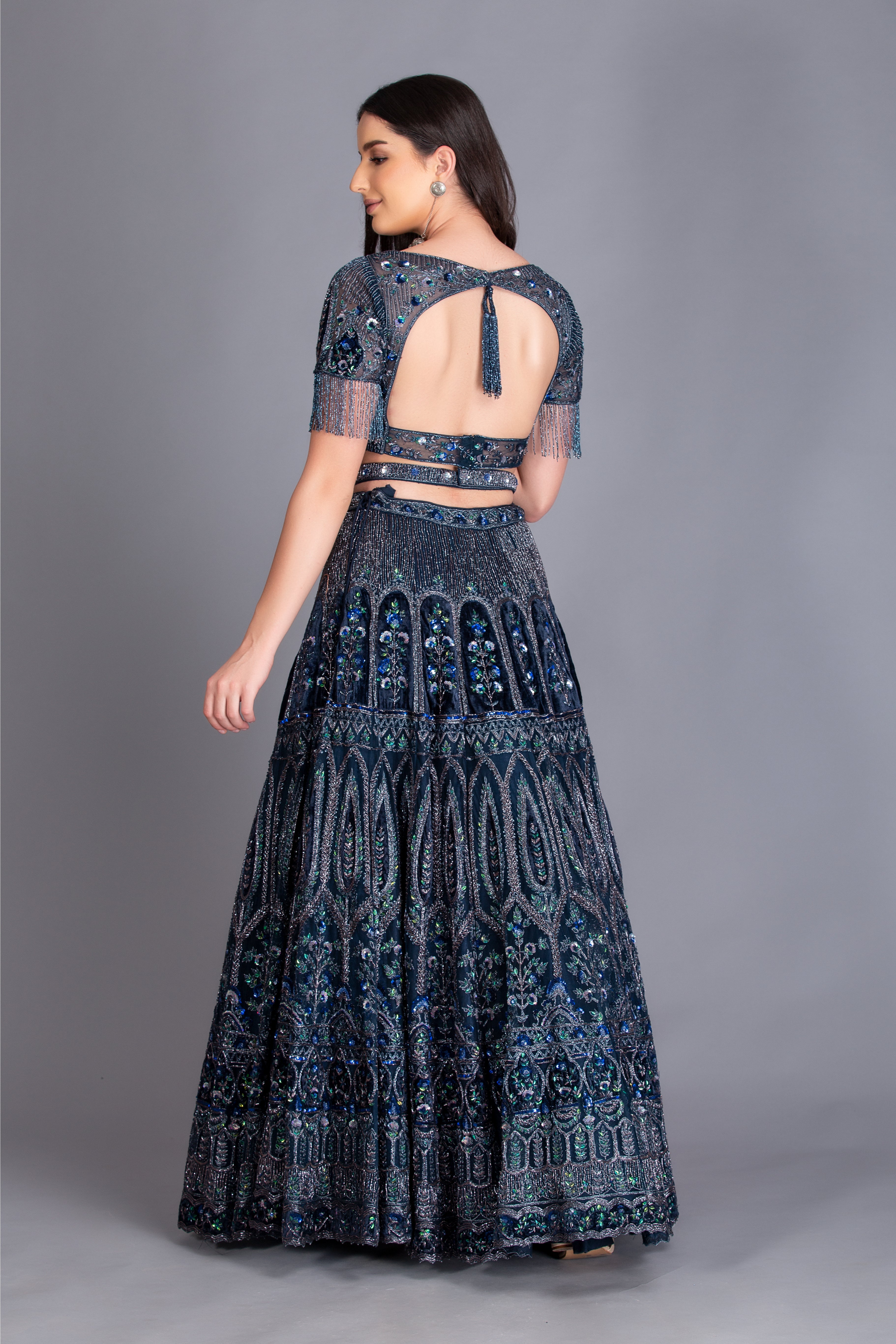 Midnight Blue Embroidered Kalidar Lehenga Set