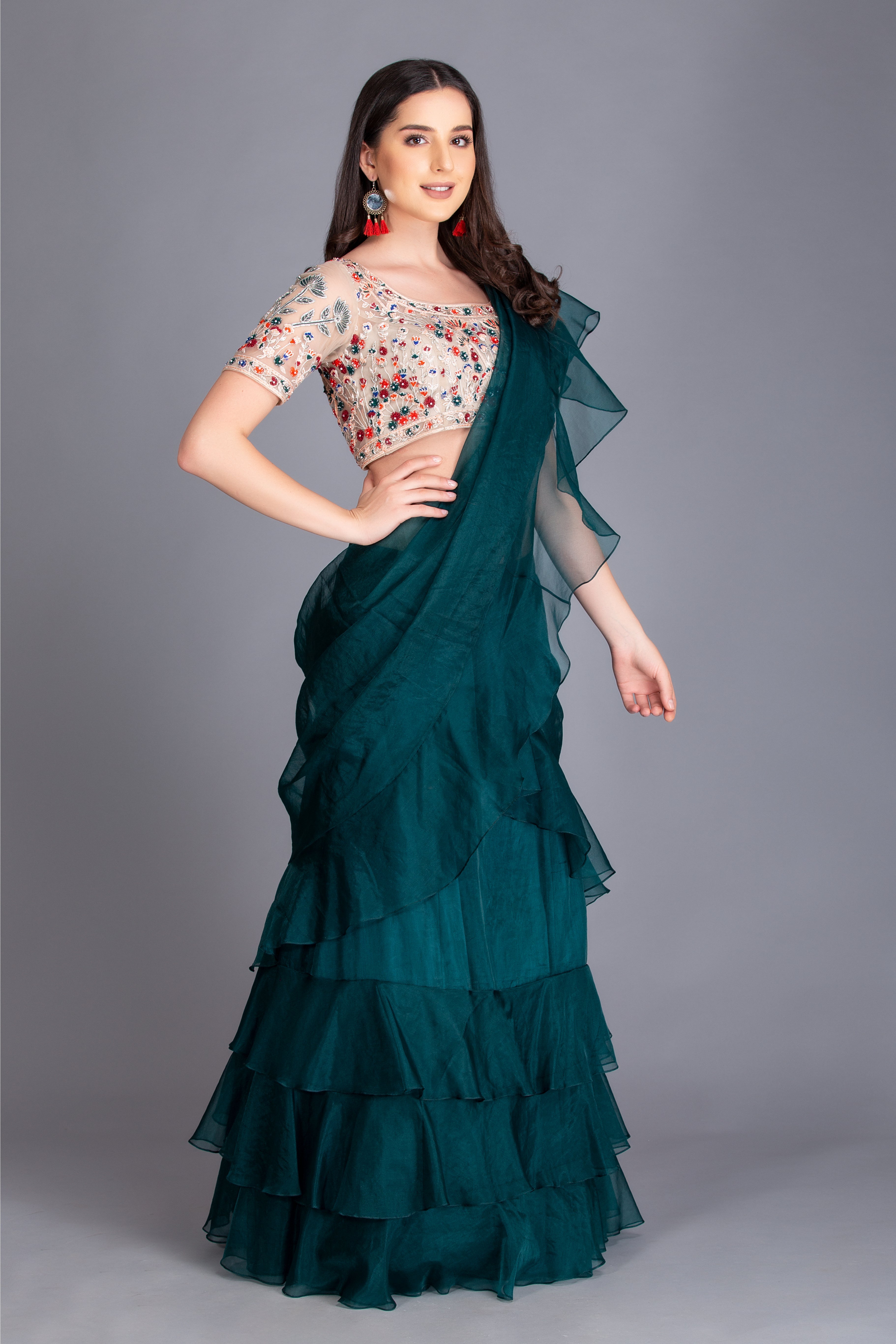 Teal Green Ruffled Pre-Draped Saree Set