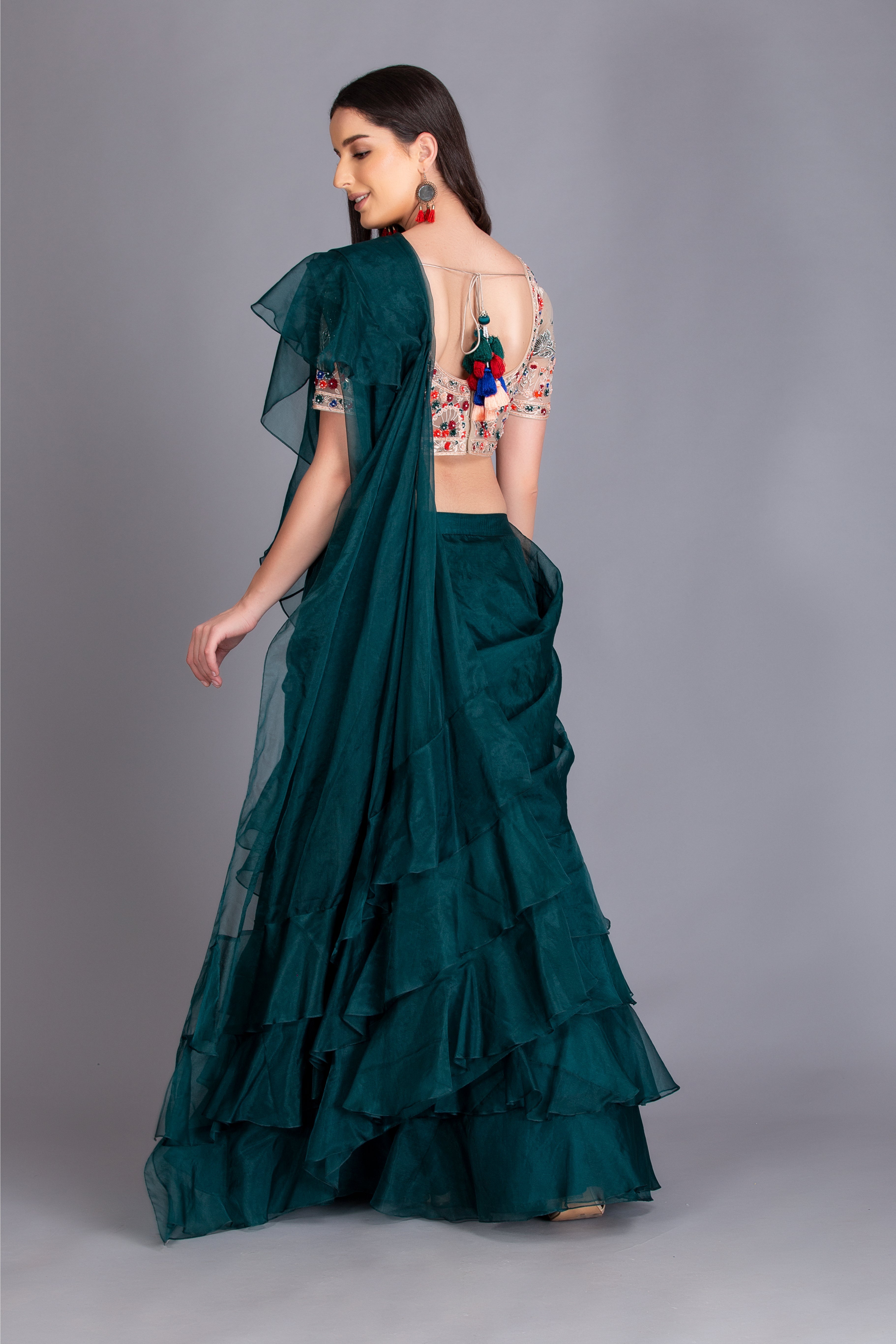 Teal Green Ruffled Pre-Draped Saree Set