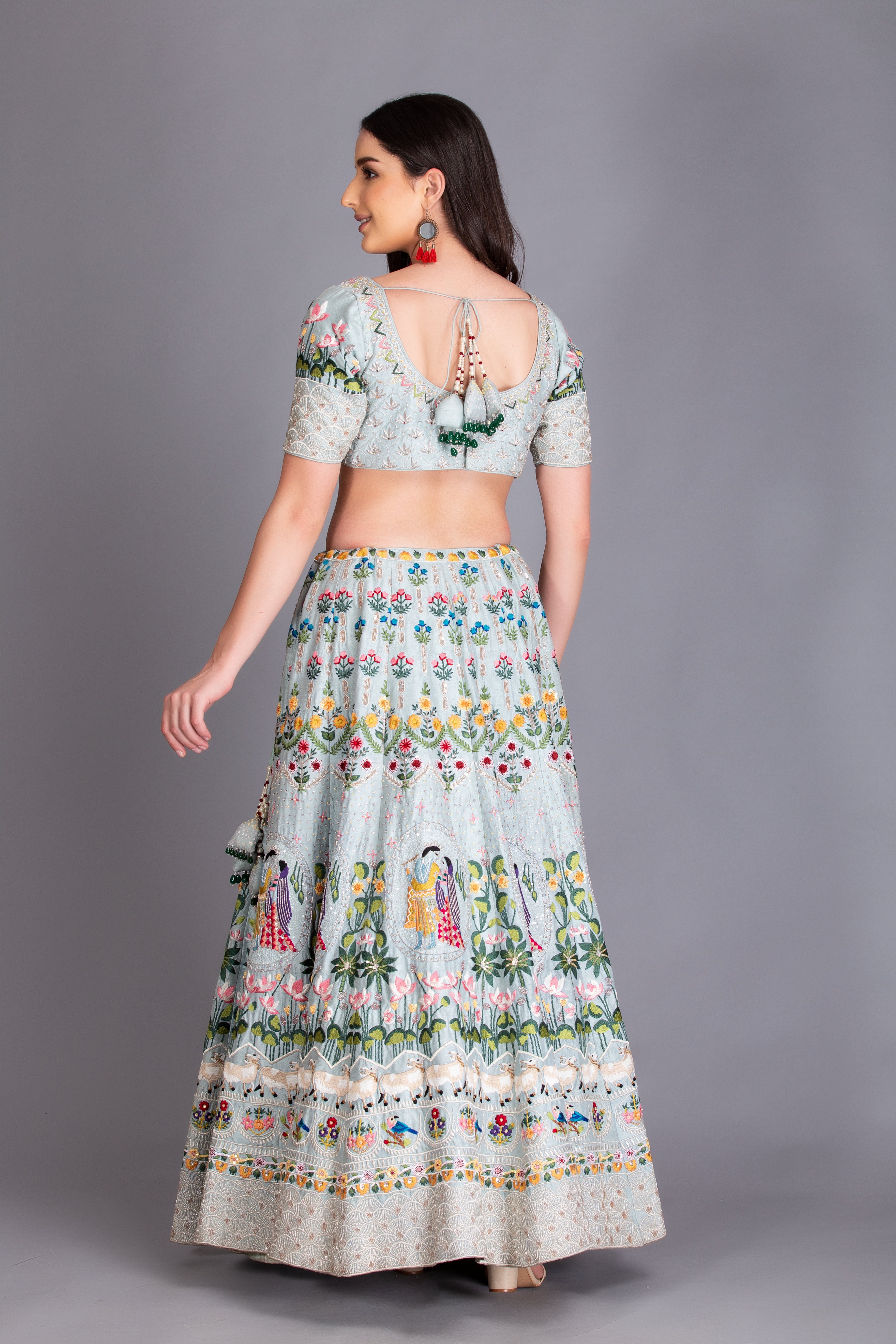 Ice Blue Hand Embroidered Kalidar Lehenga Set