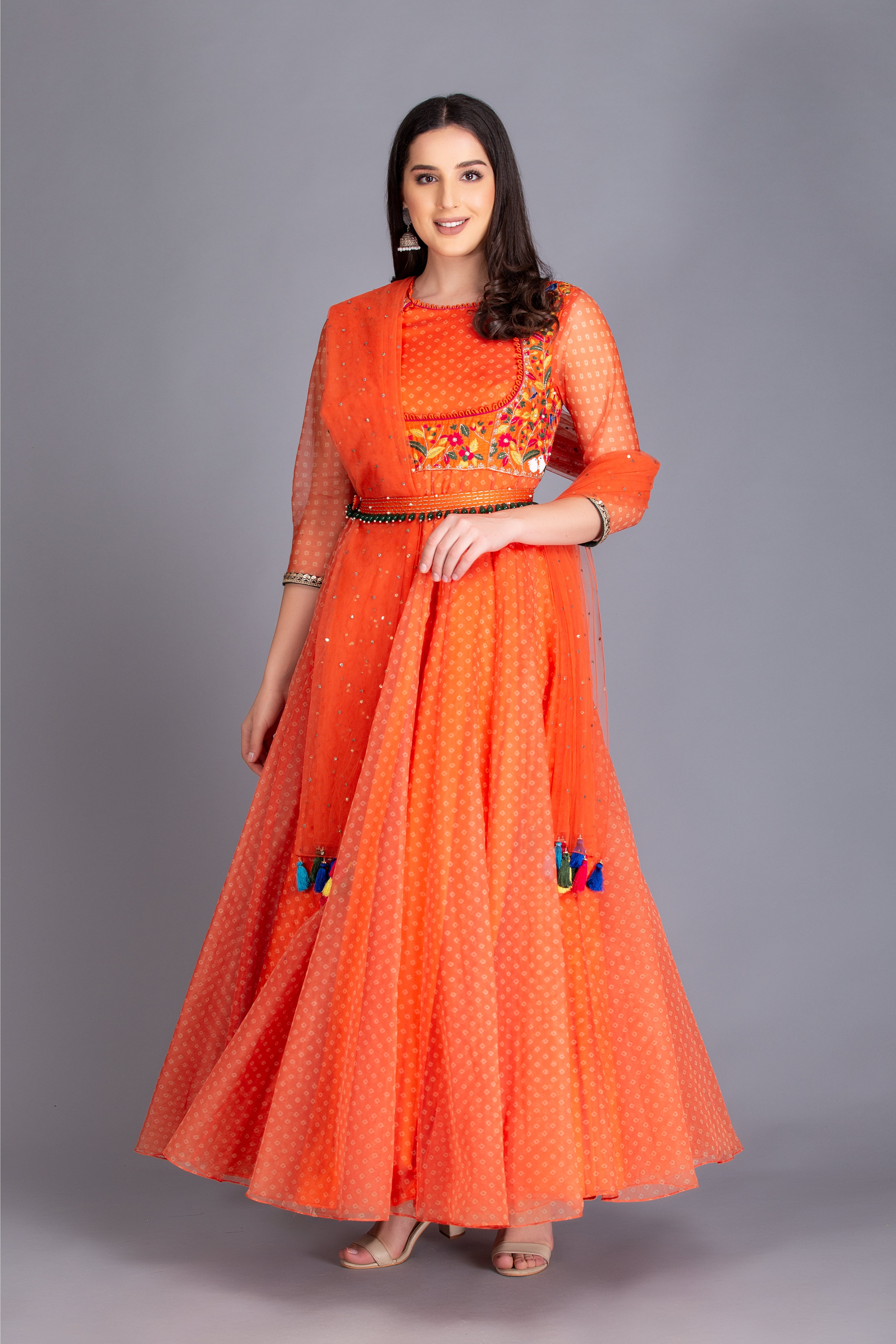 Sunset Orange Resham Embroidered Anarkali Set