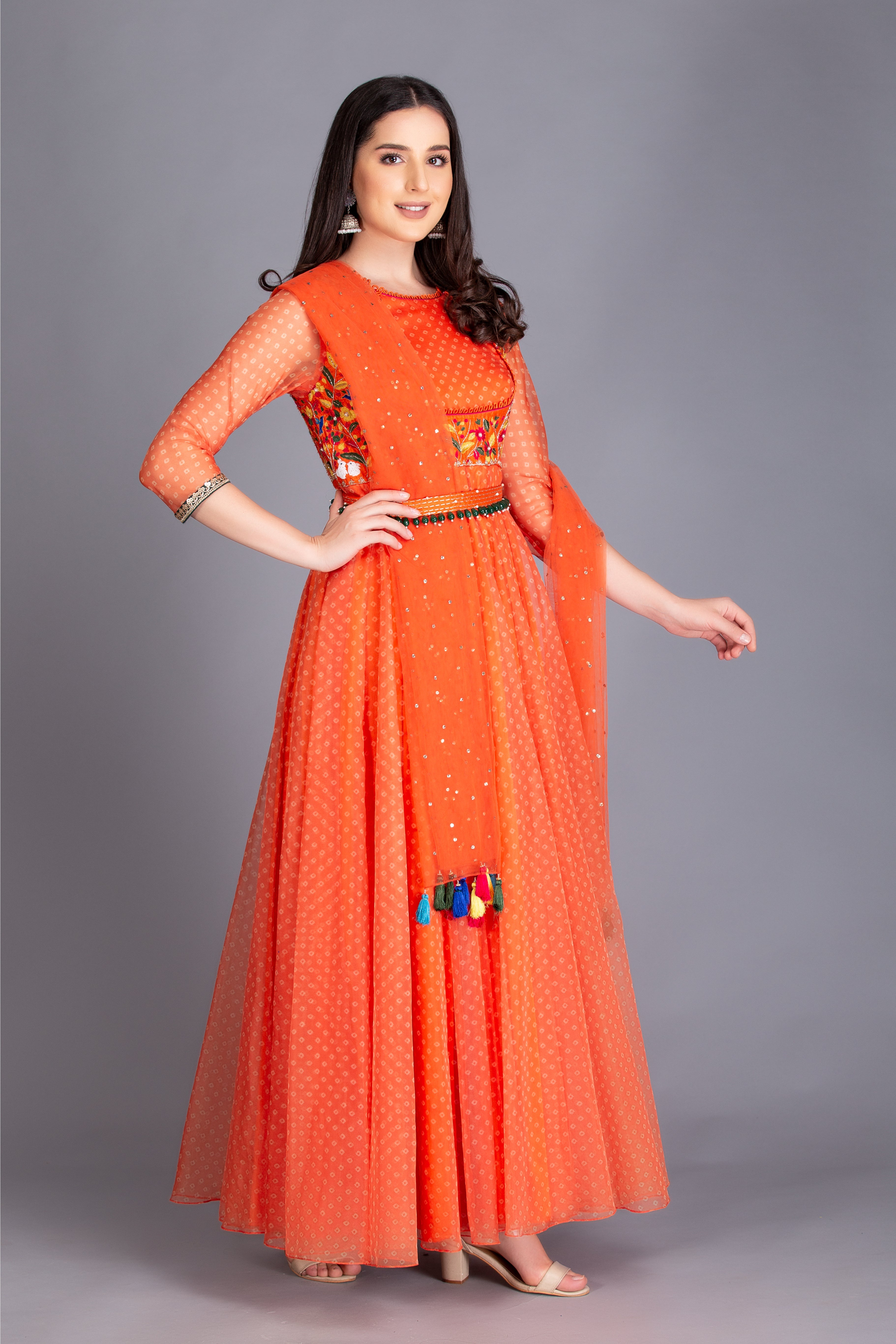 Sunset Orange Resham Embroidered Anarkali Set