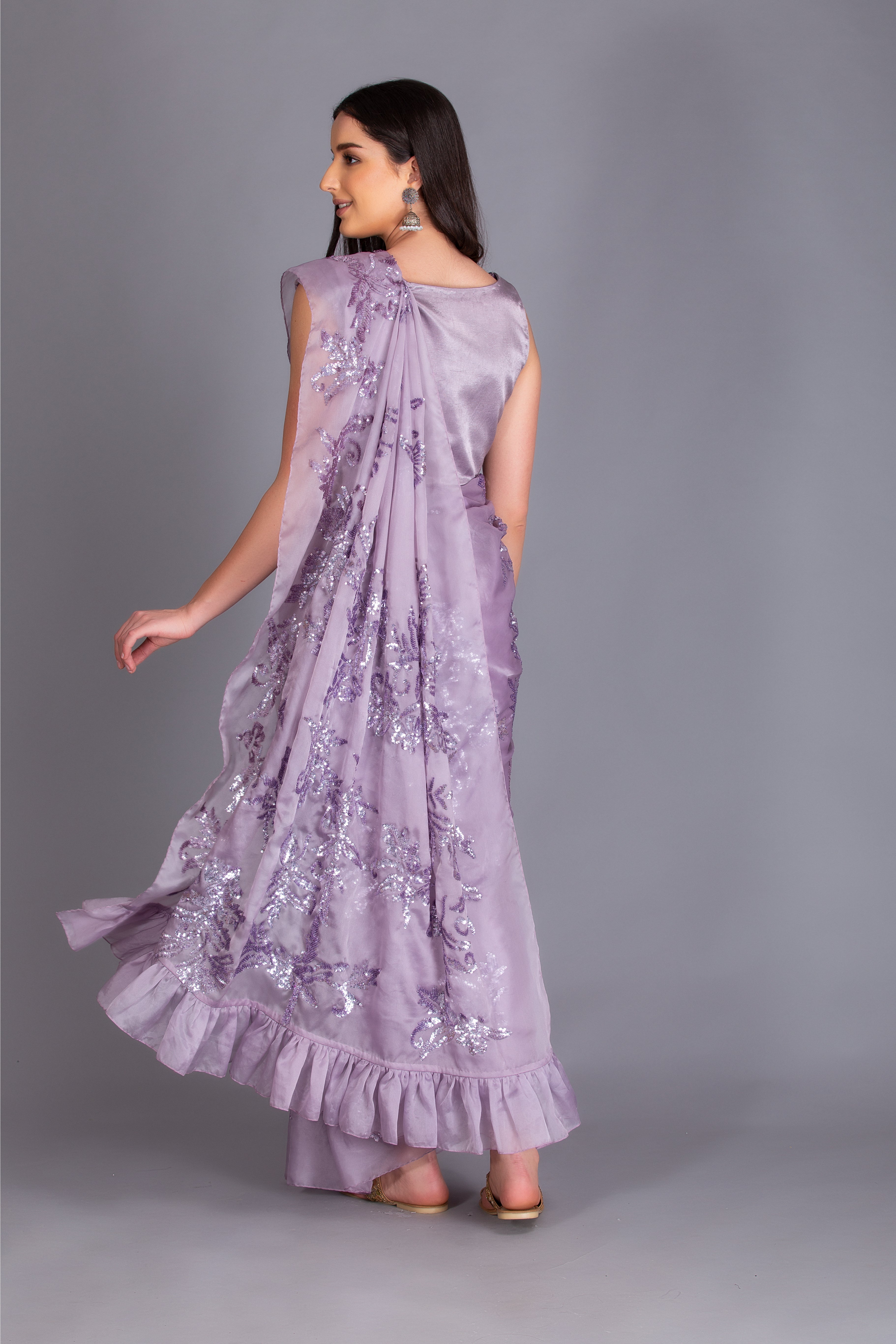 Lilac Embroidered Ruffled Saree Set