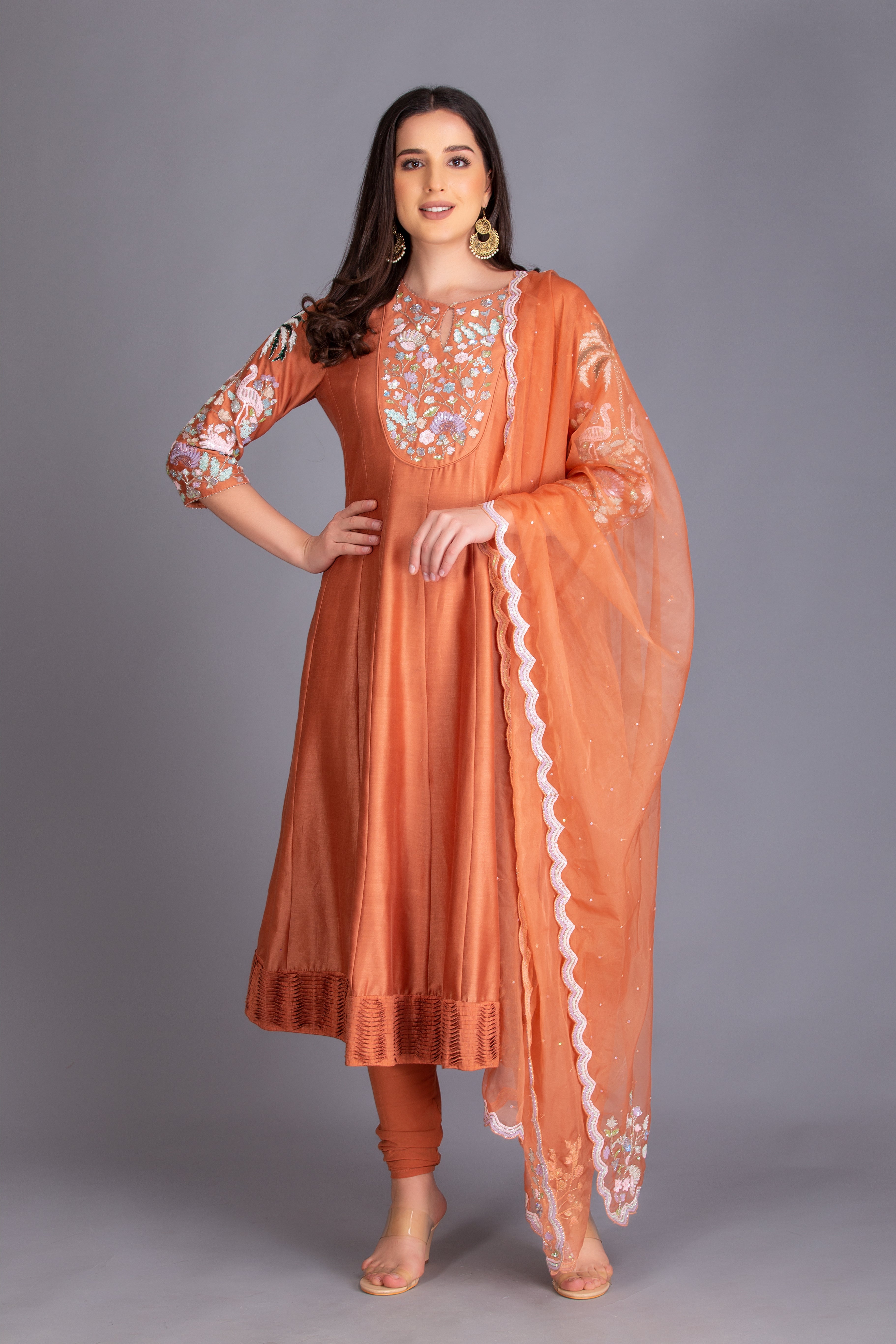 Rust Orange Sequins Embroidered Anarkali Set