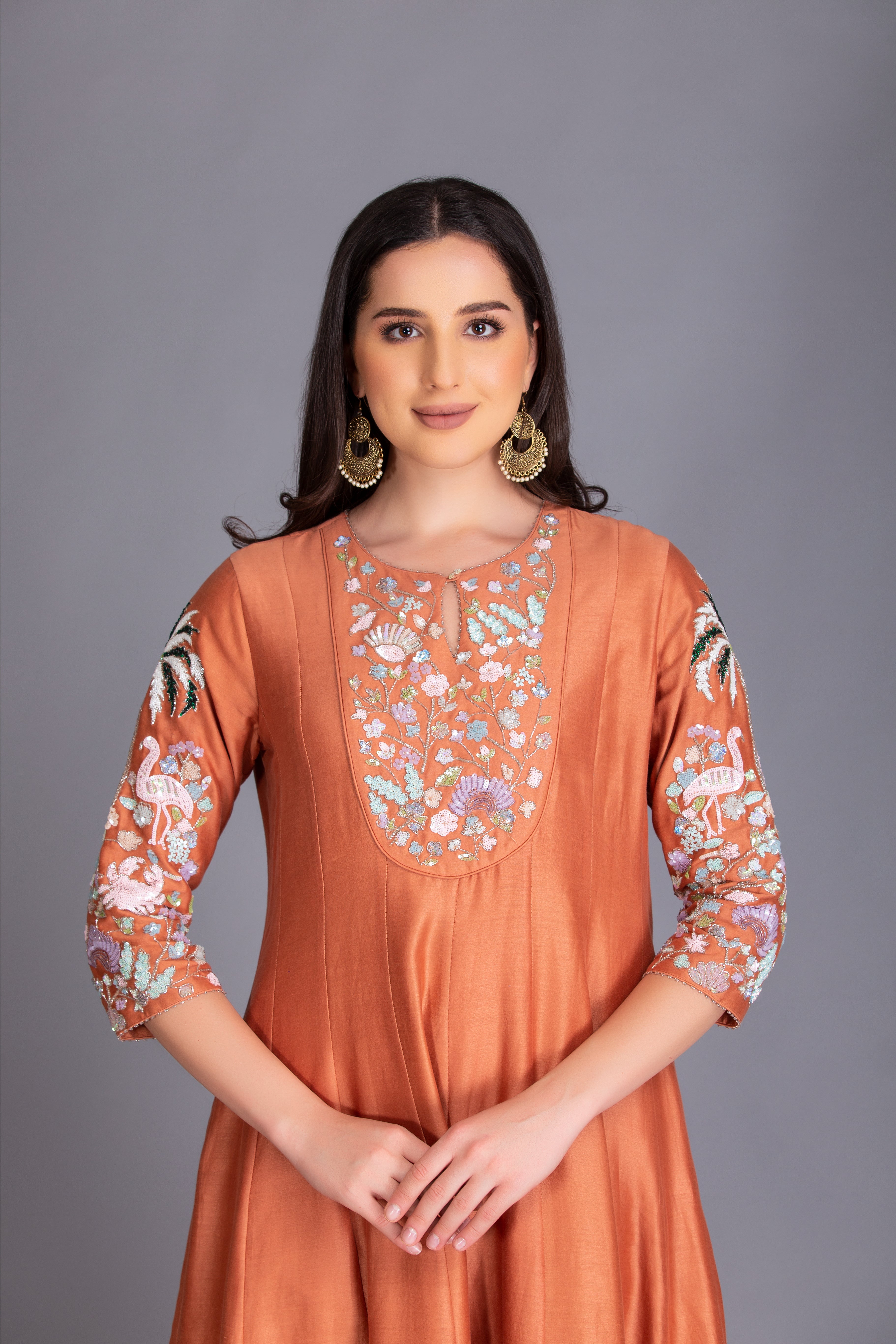 Rust Orange Sequins Embroidered Anarkali Set