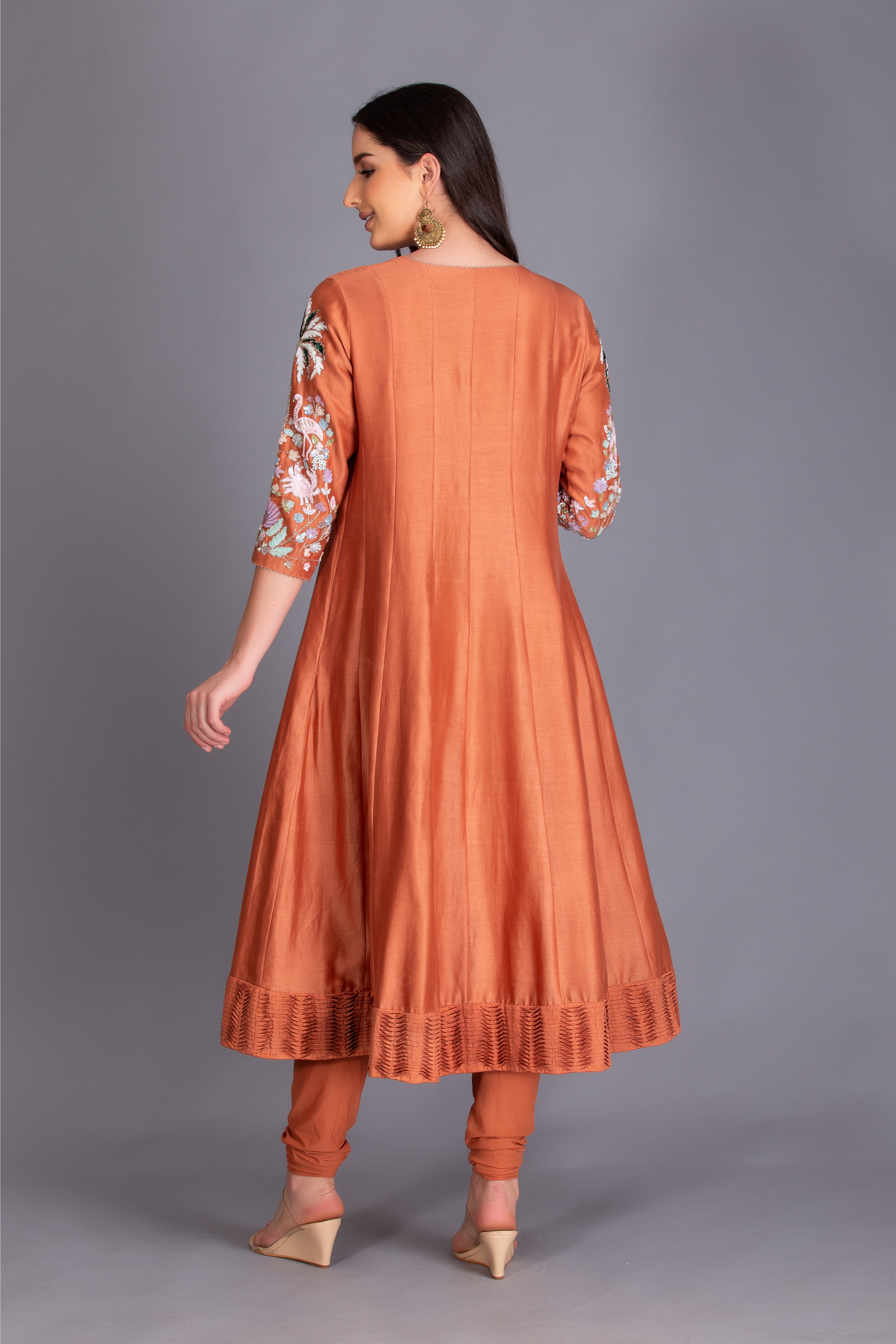 Rust Orange Sequins Embroidered Anarkali Set