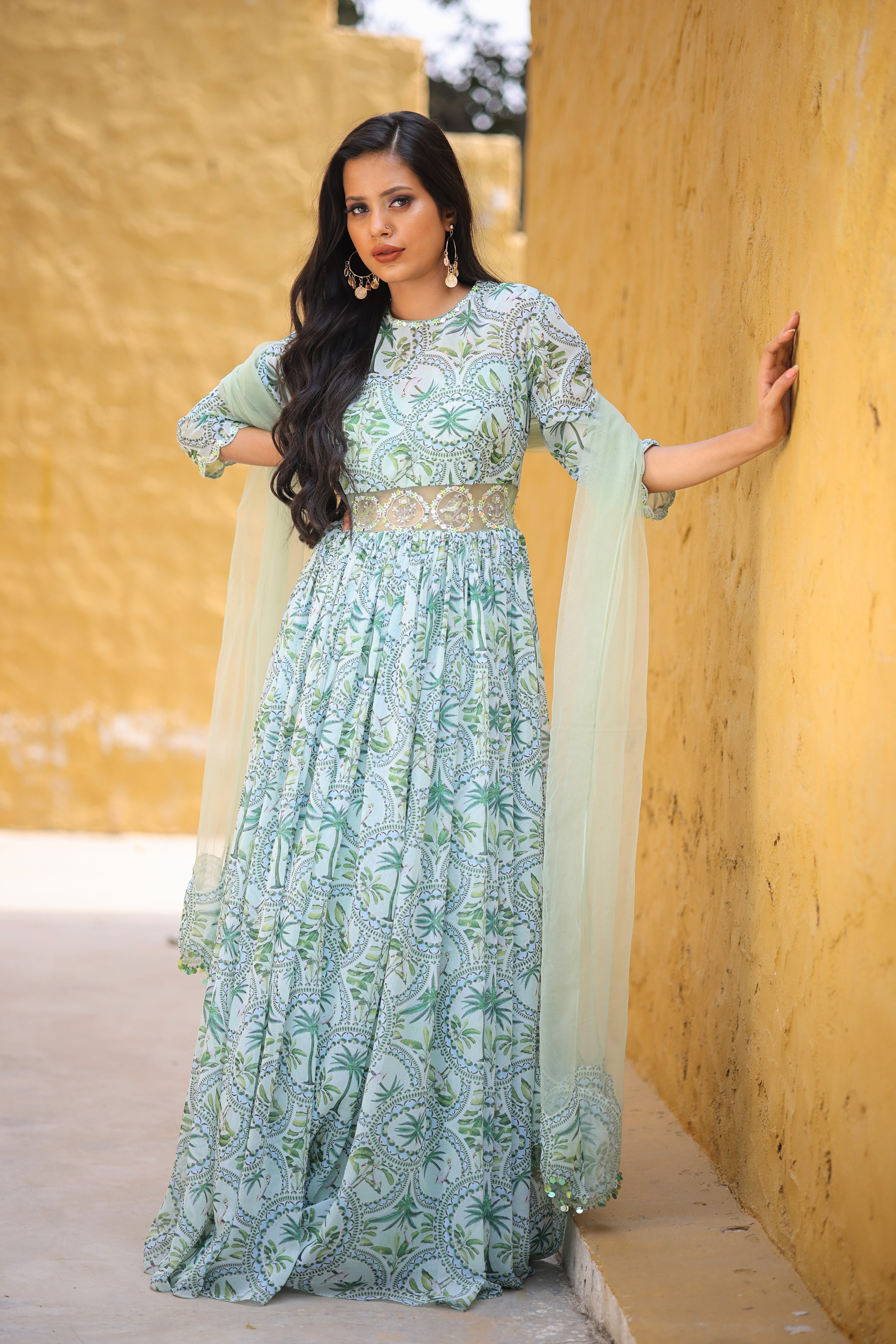 Jade Green Tropical Print Georgette anarkali
