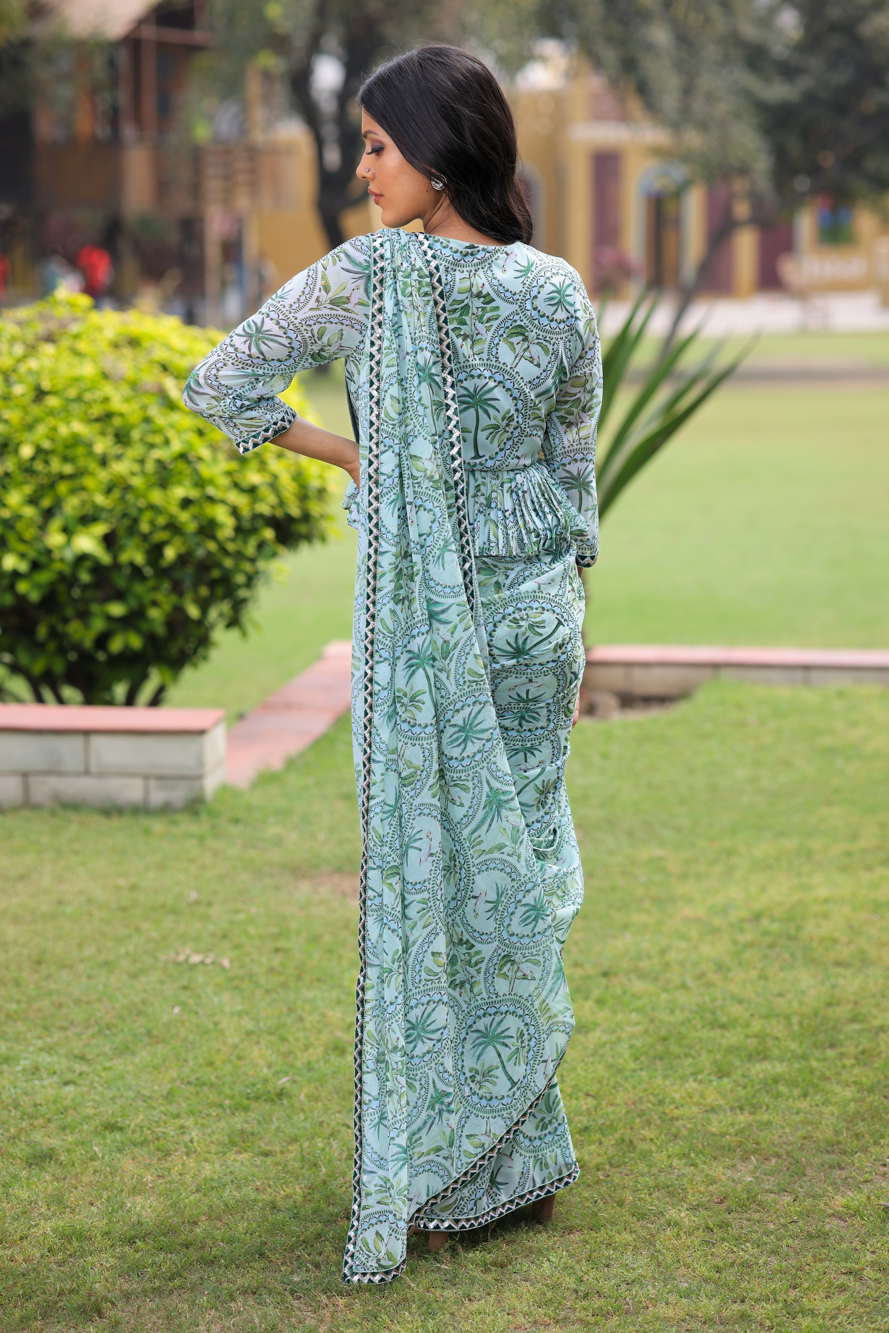 Jade Green Georgette Saree with Peplum Blouse