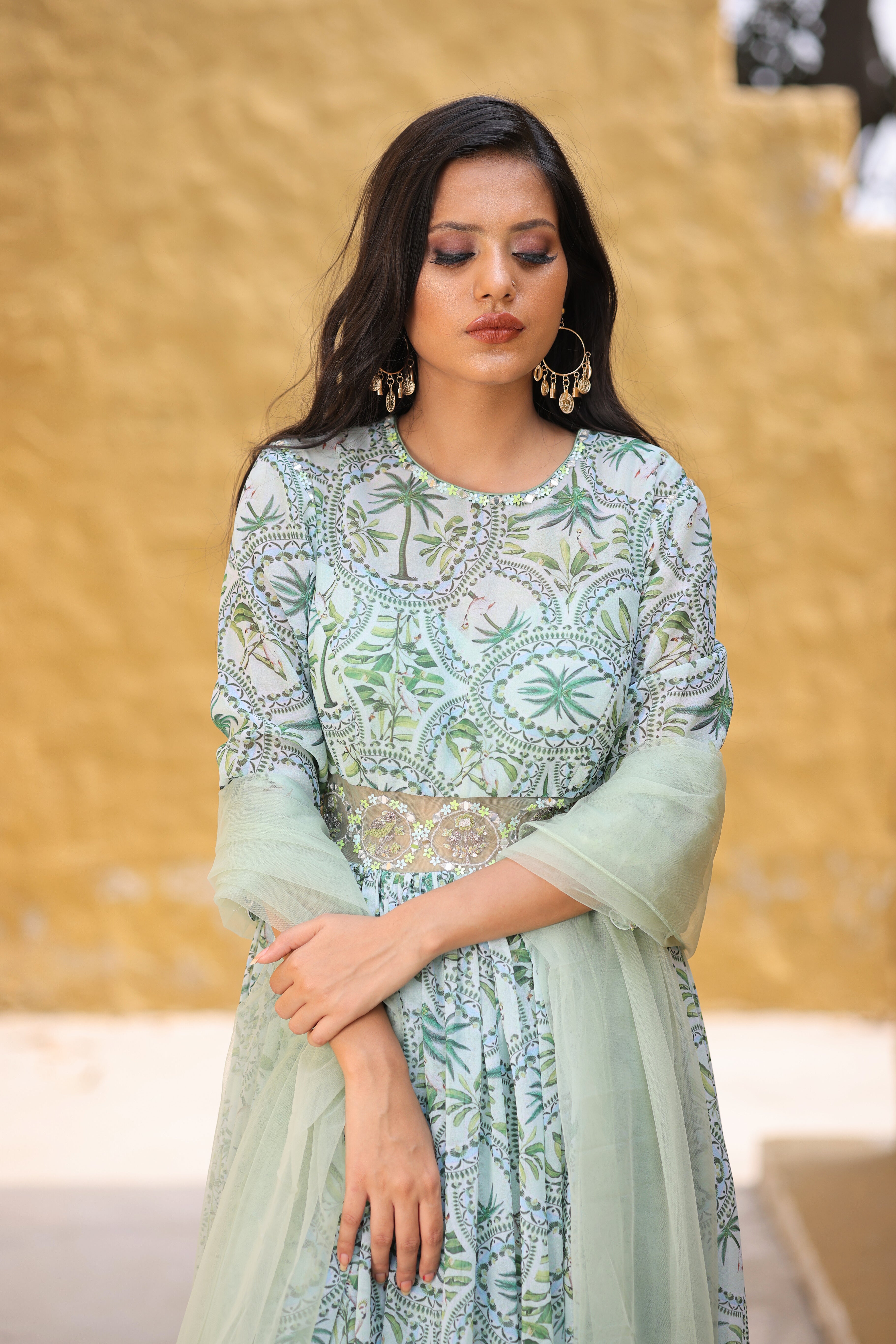 Jade Green Tropical Print Georgette anarkali