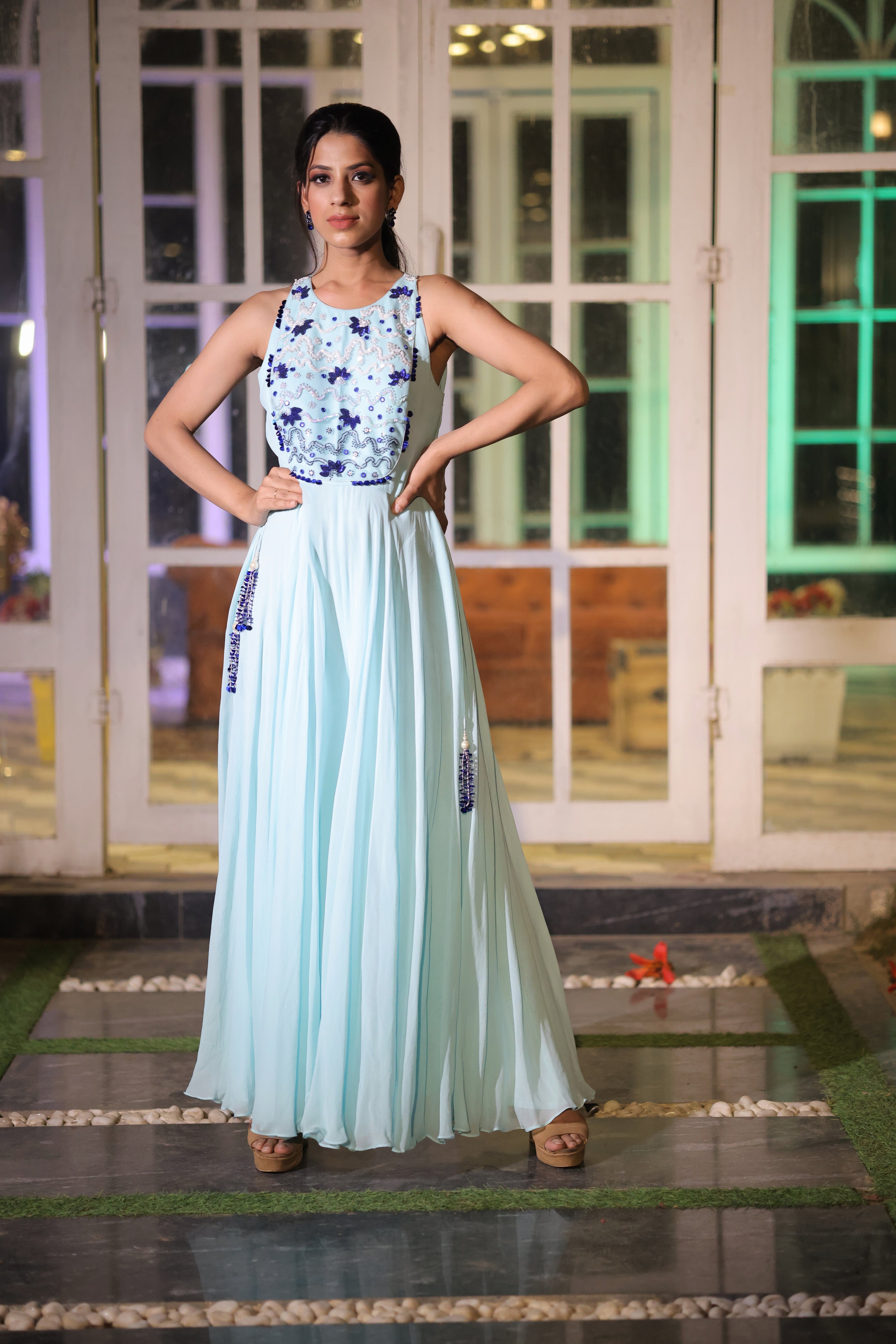Ice Blue Sequin work Jumpsuit