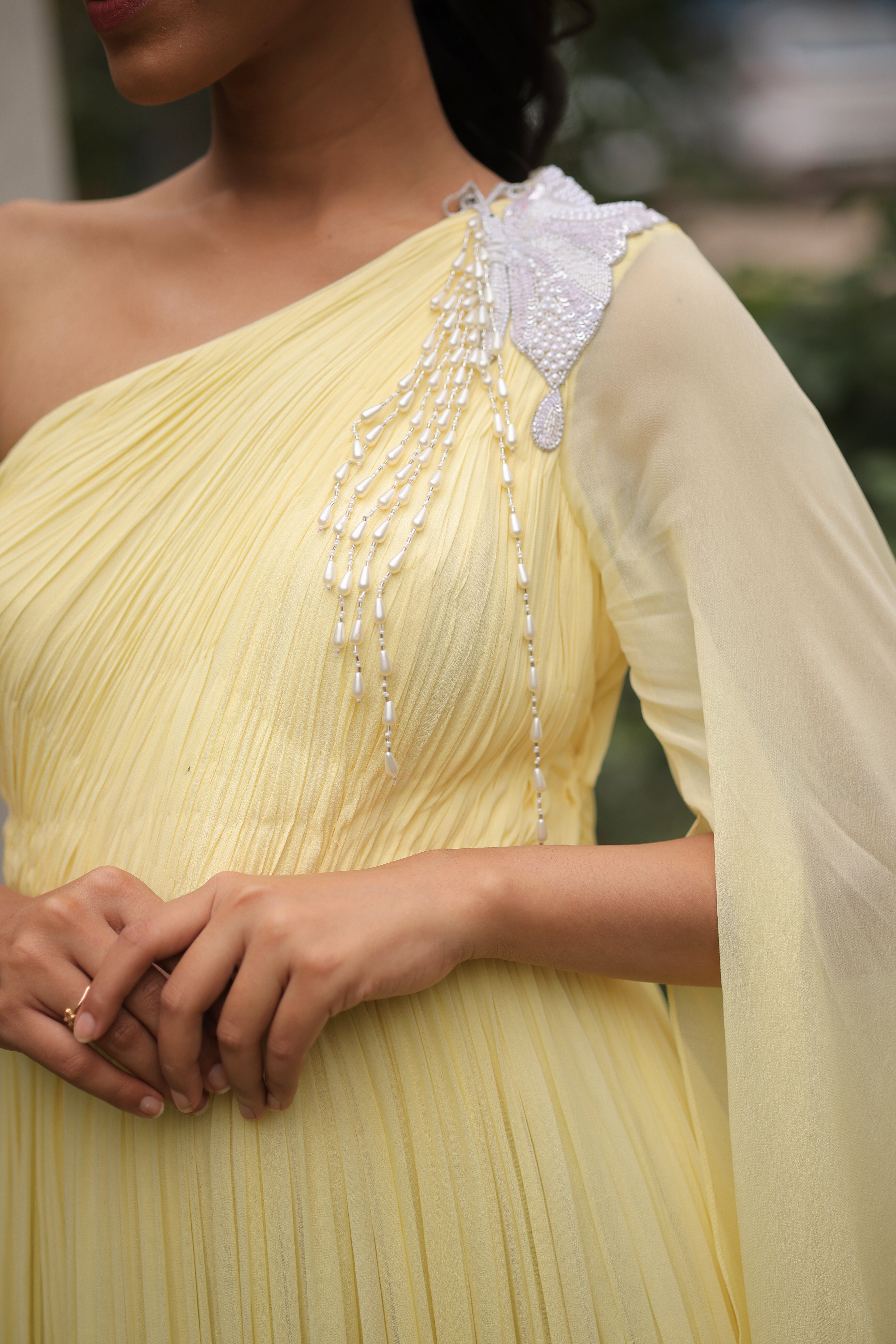Lemon Sorbet Embroidered one shoulder gown