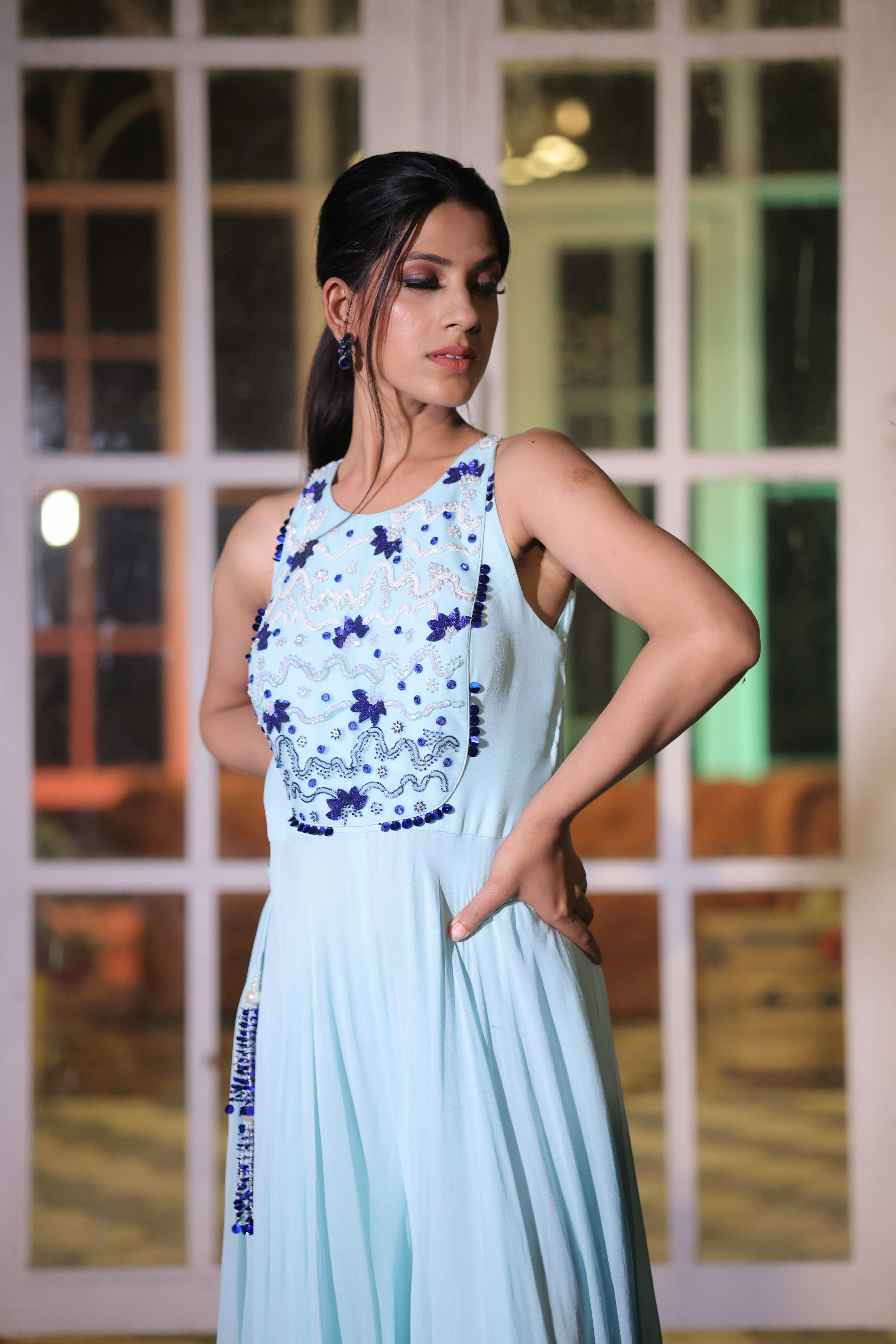 Ice Blue Sequin work Jumpsuit