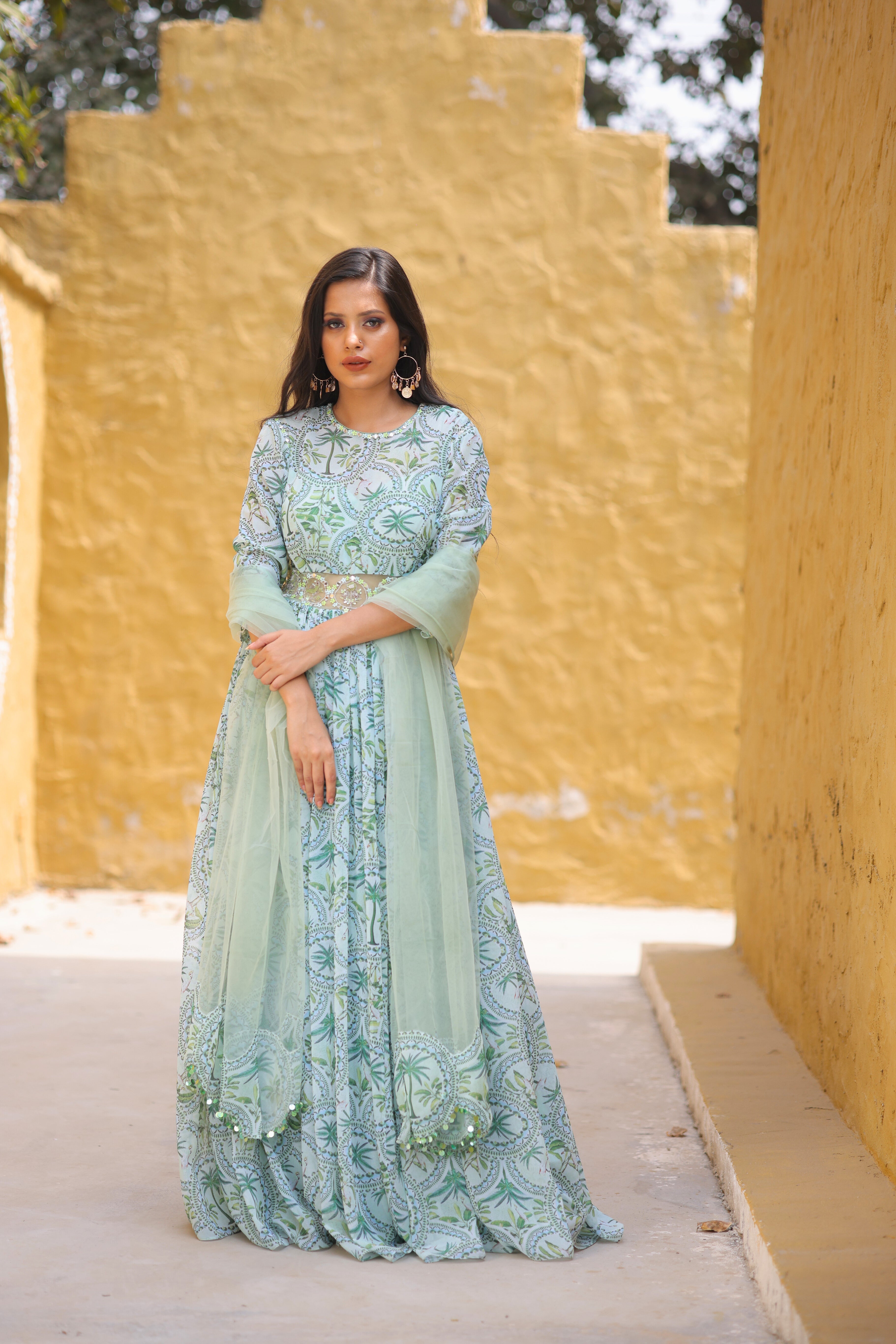 Jade Green Tropical Print Georgette anarkali
