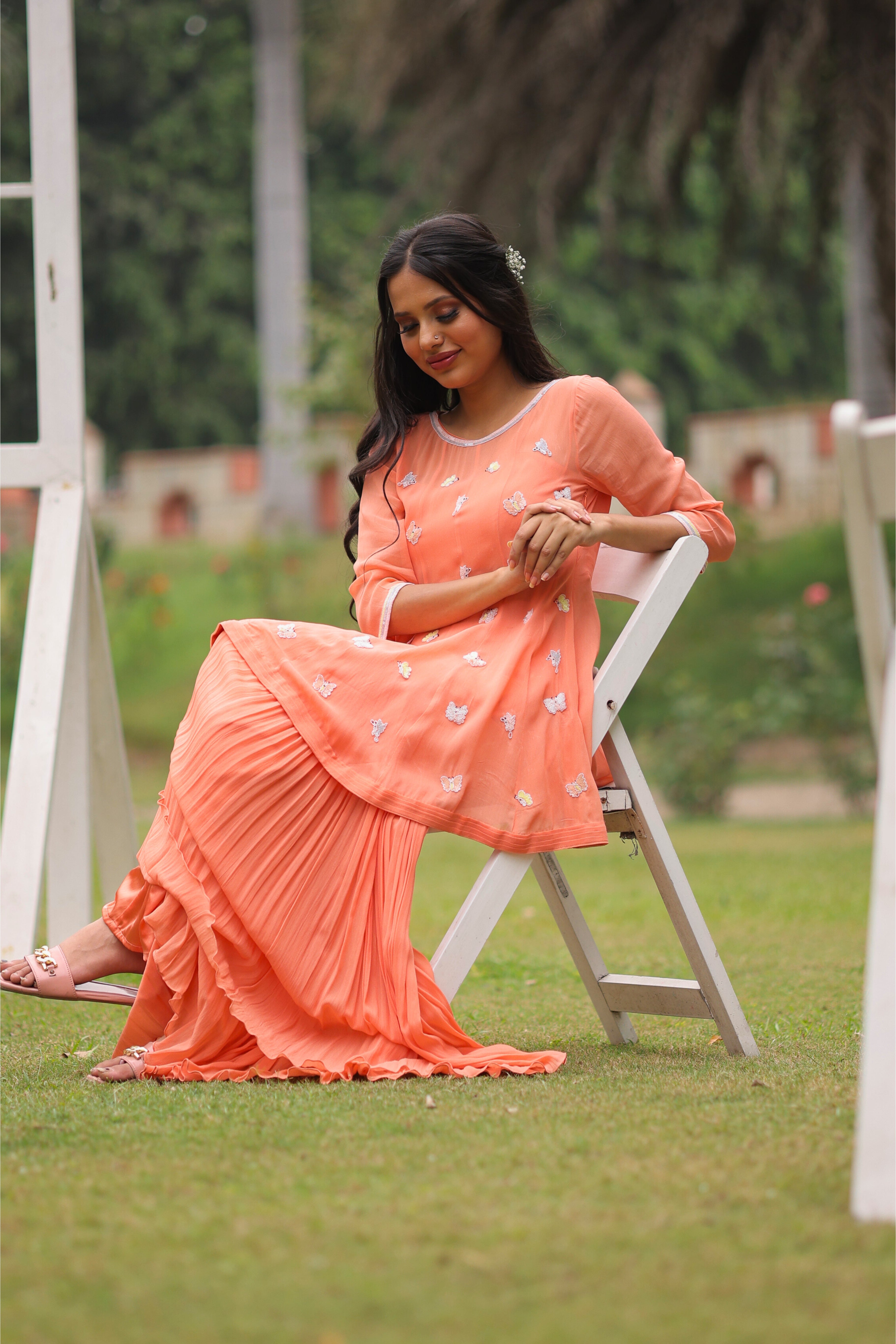 Peach Nectar Butterfly Embroidered Co-ord set