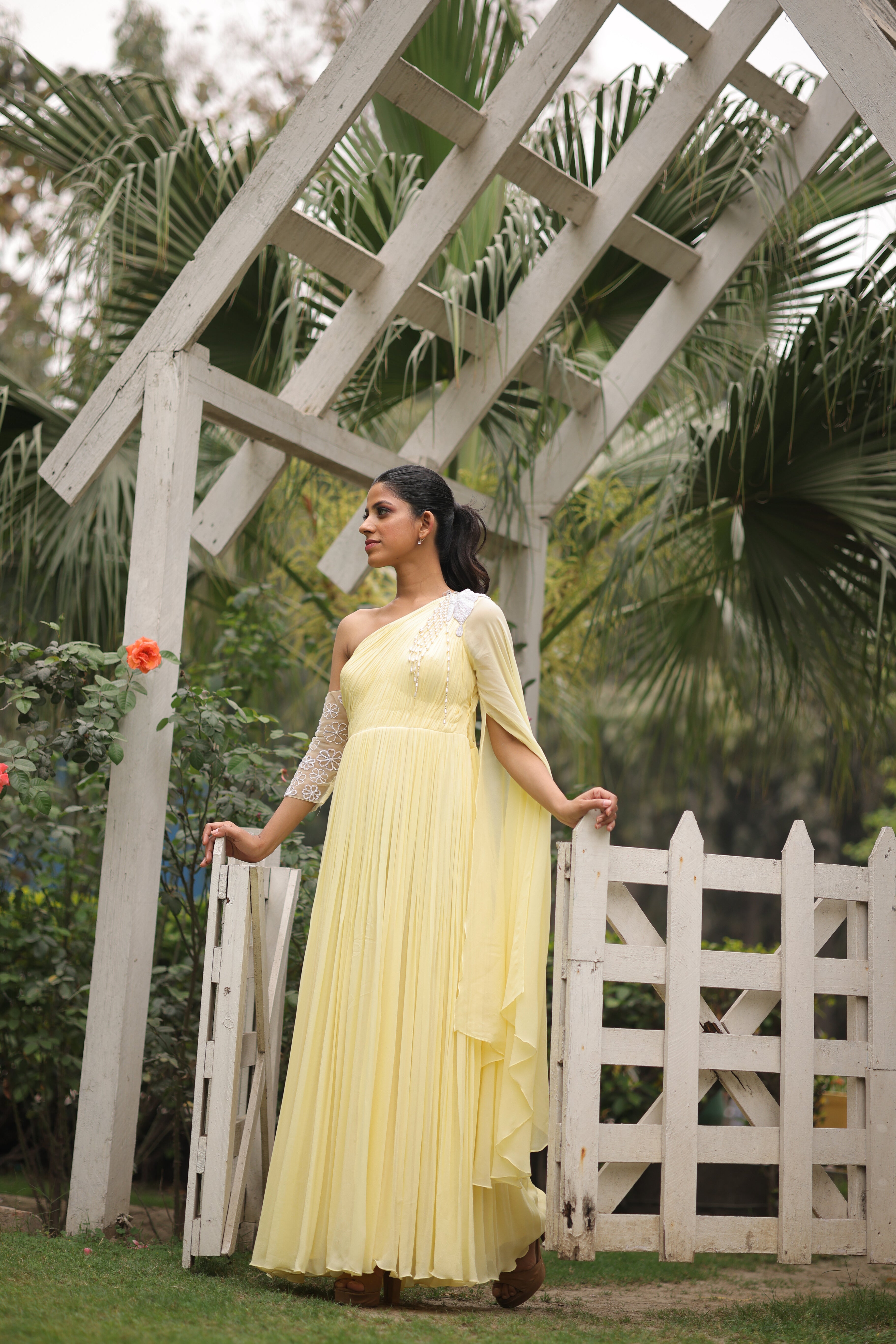 Lemon Sorbet Embroidered one shoulder gown